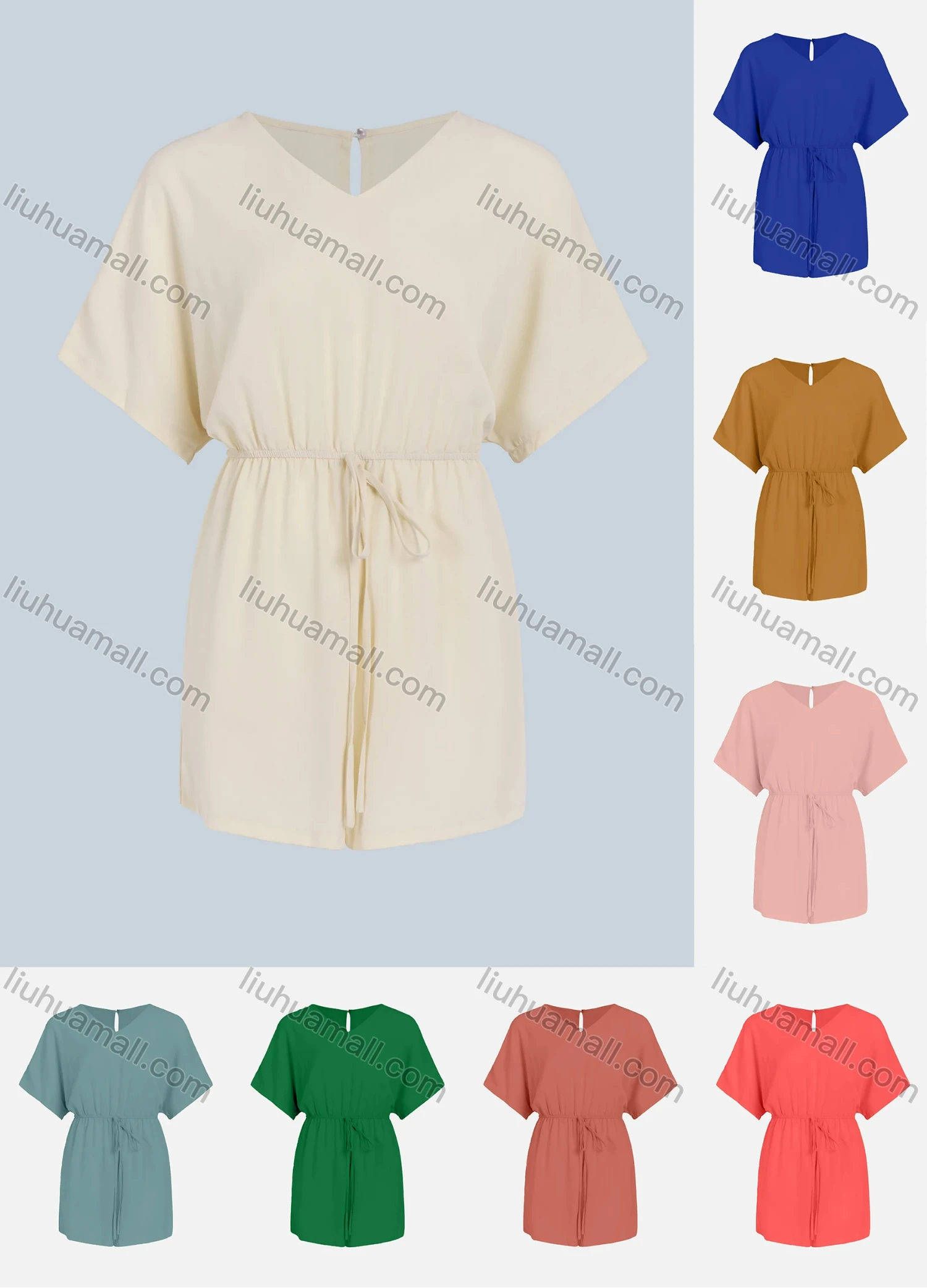 Wholesale Women's Plain Casual Keyhole Drawstring High Waist Romper - Liuhuamall