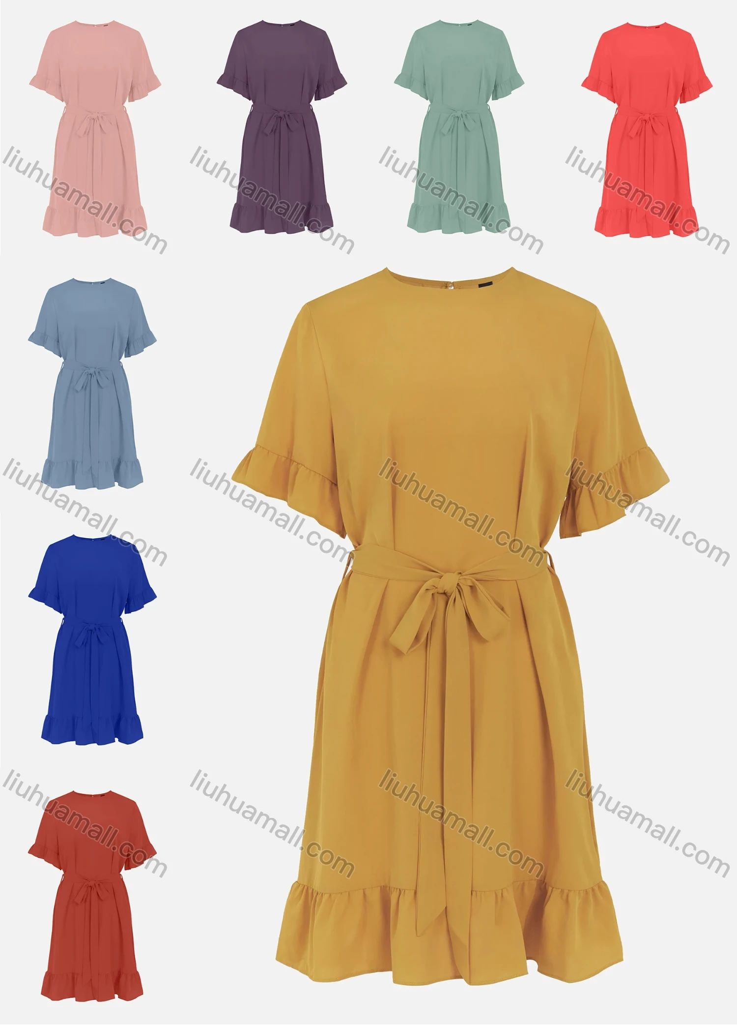 Wholesale Women's Casual Flounce Sleeve Ruffle Hem Drawstring Waist Midi Dress - Liuhuamall