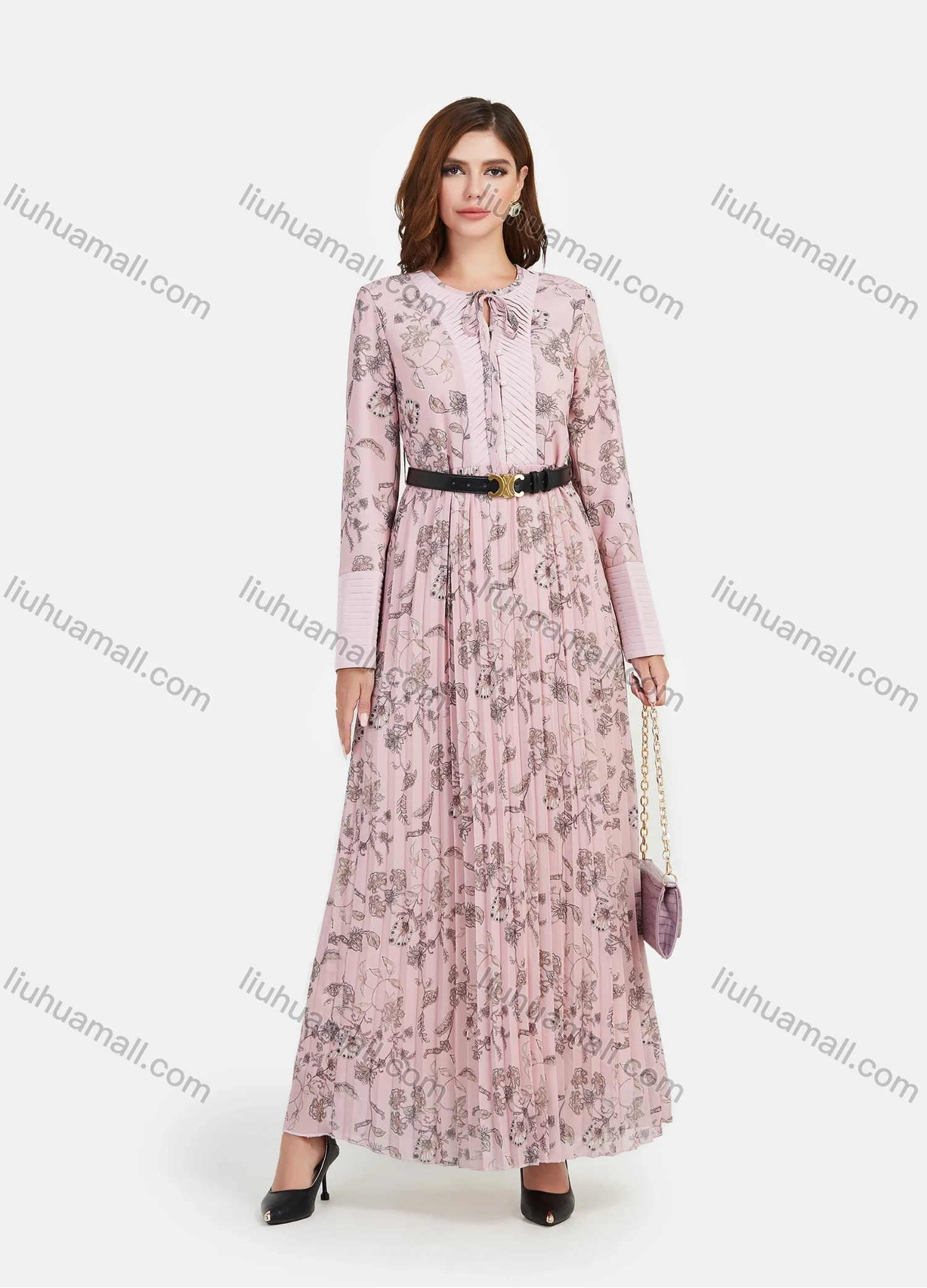 Wholesale Women's Tie Front Pleated Allover Print Round Neck Long Sleeve Maxi Dress With Belt - Liuhuamall