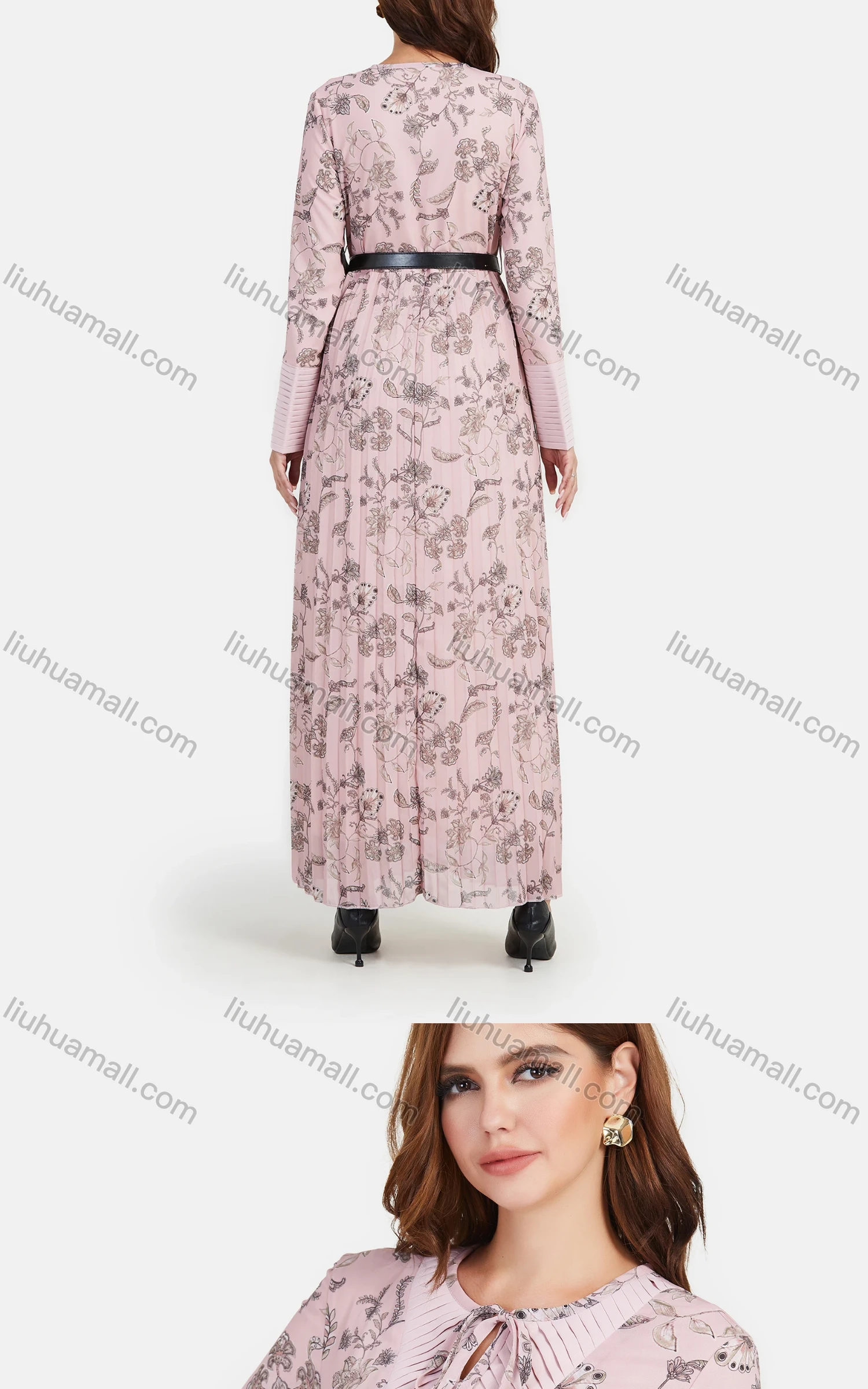Wholesale Women's Tie Front Pleated Allover Print Round Neck Long Sleeve Maxi Dress With Belt - Liuhuamall