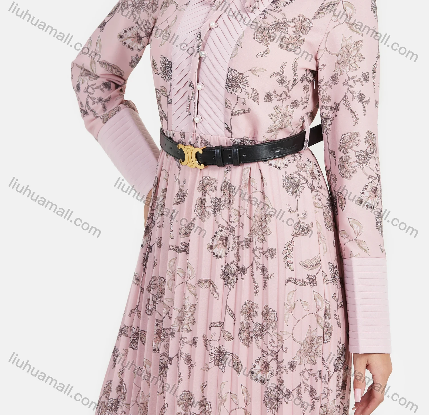 Wholesale Women's Tie Front Pleated Allover Print Round Neck Long Sleeve Maxi Dress With Belt - Liuhuamall