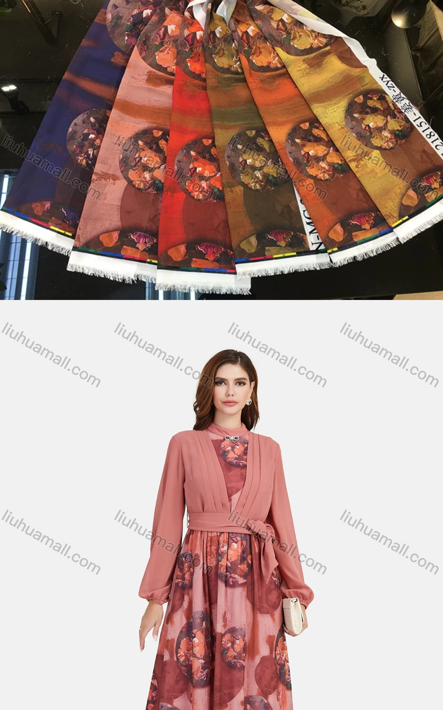 Wholesale Women's Chiffon Floral Print Long Sleeve Mock Neck Maxi Dress - Liuhuamall