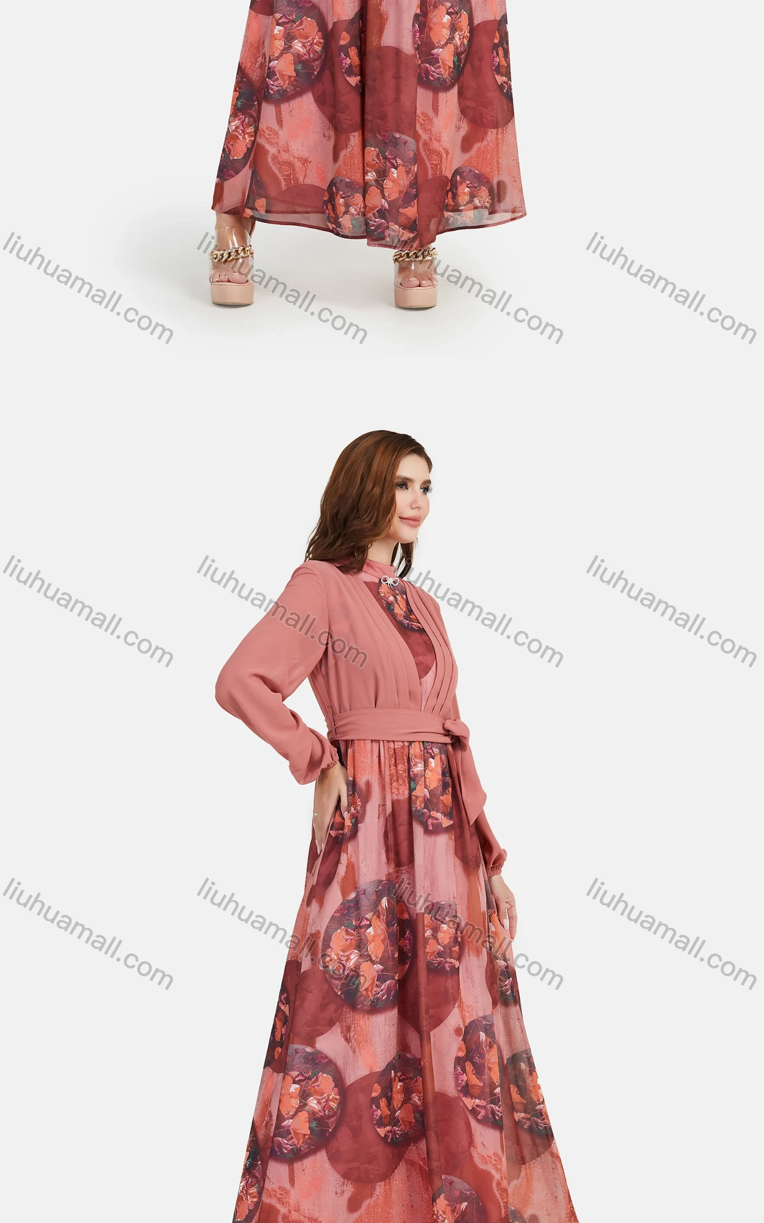 Wholesale Women's Chiffon Floral Print Long Sleeve Mock Neck Maxi Dress - Liuhuamall