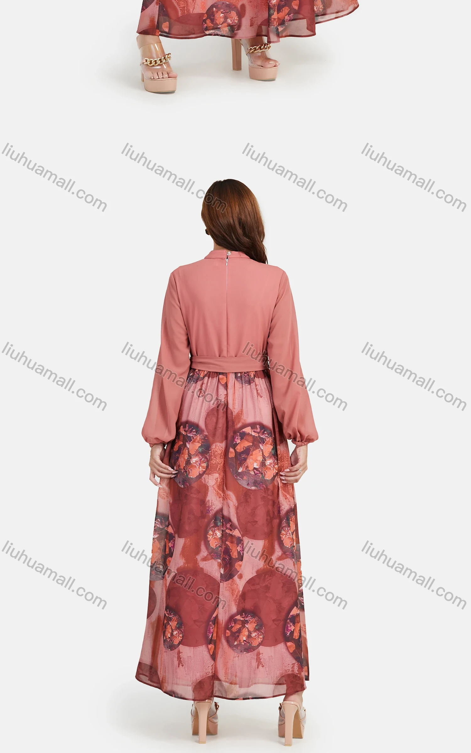 Wholesale Women's Chiffon Floral Print Long Sleeve Mock Neck Maxi Dress - Liuhuamall