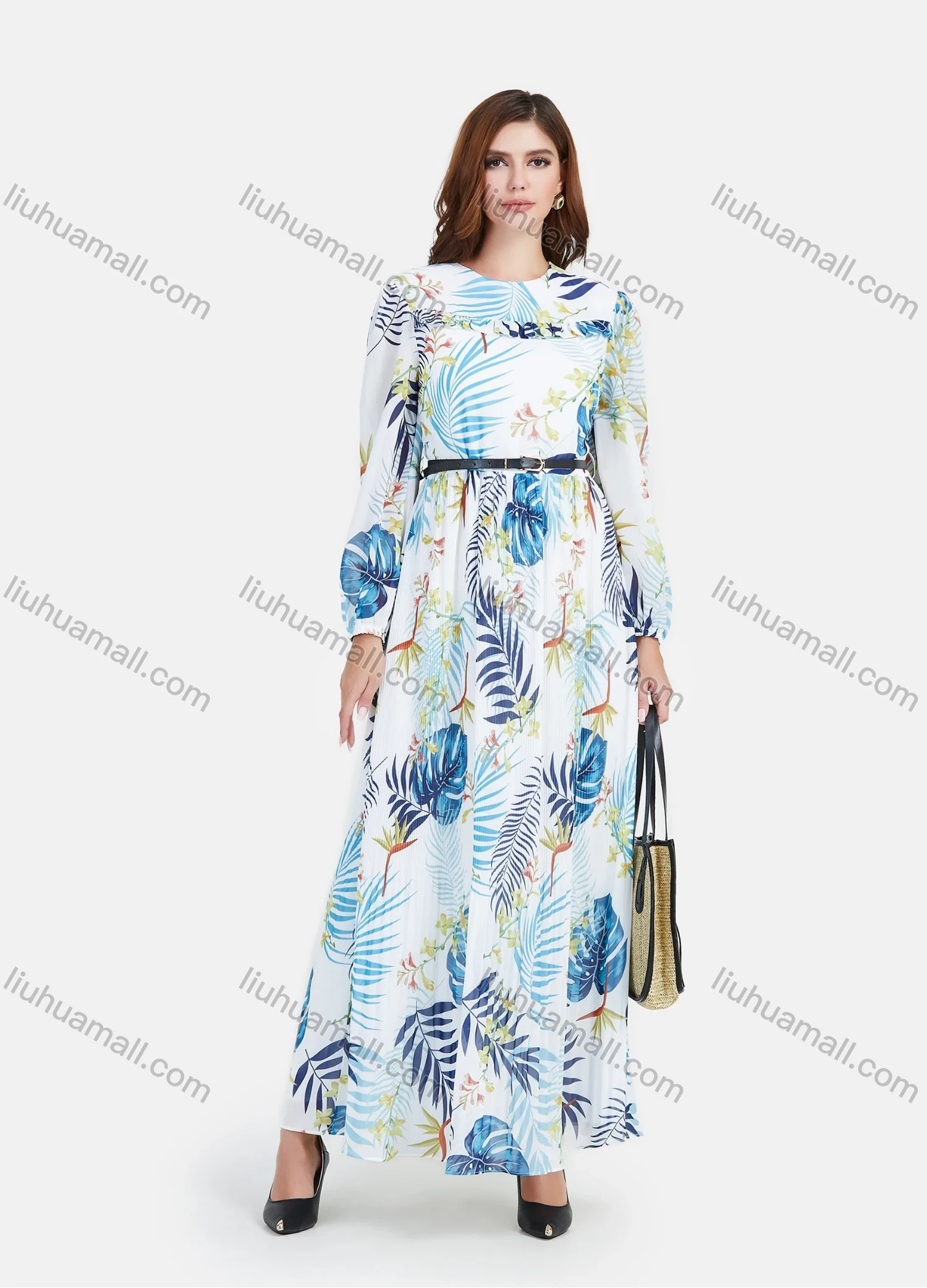 Wholesale Women's Chiffon Long Sleeve Ruched Plants & Floral Print Maxi Dress With Belt - Liuhuamall