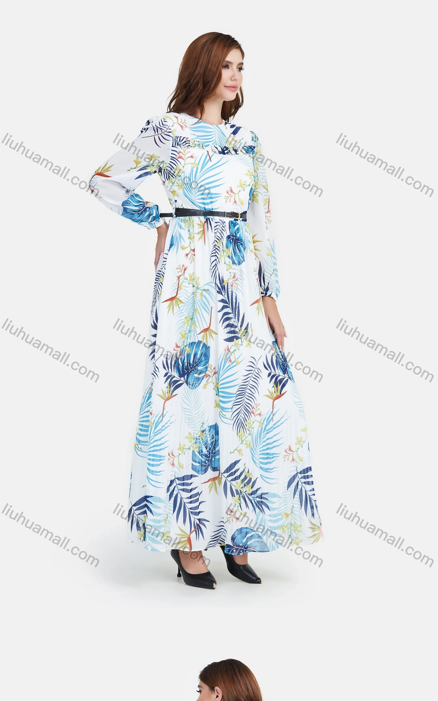 Wholesale Women's Chiffon Long Sleeve Ruched Plants & Floral Print Maxi Dress With Belt - Liuhuamall