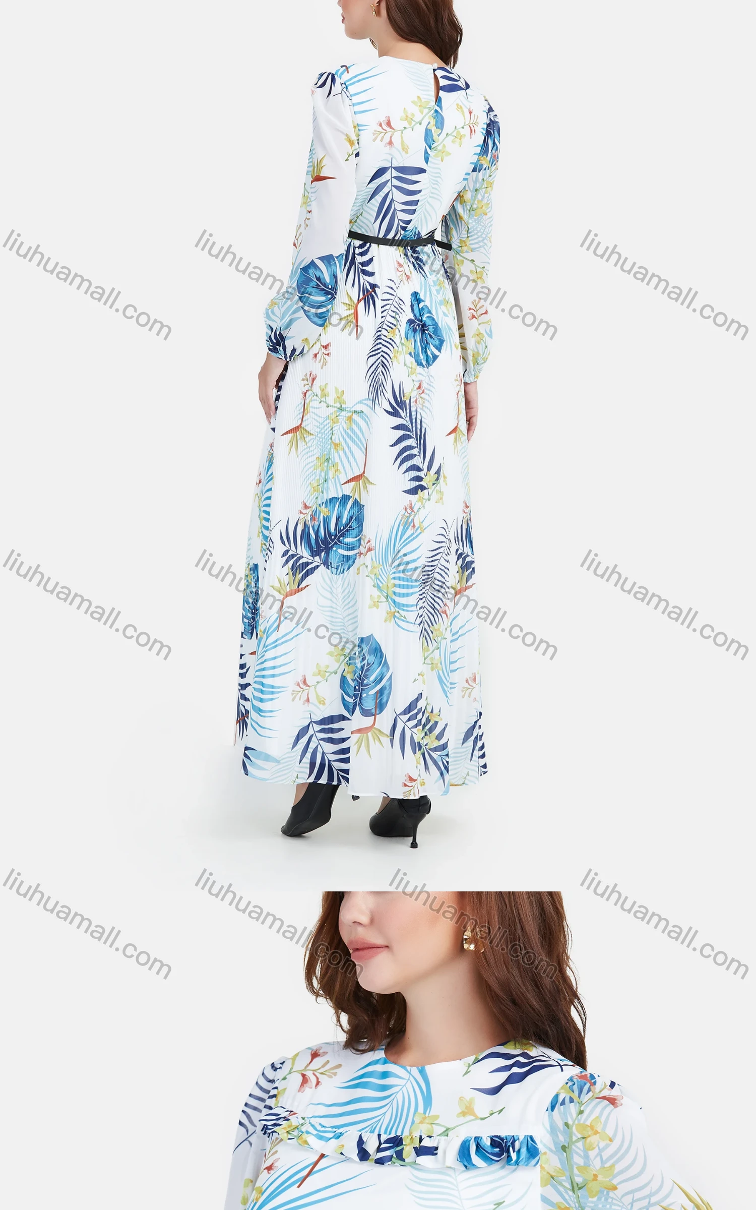 Wholesale Women's Chiffon Long Sleeve Ruched Plants & Floral Print Maxi Dress With Belt - Liuhuamall