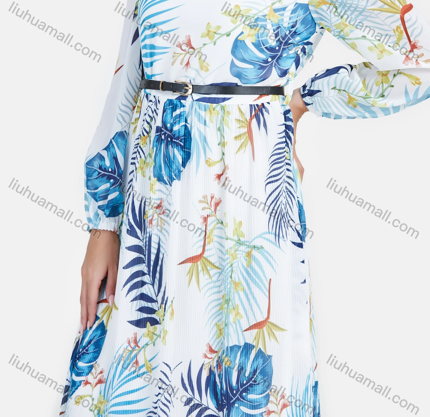 Wholesale Women's Chiffon Long Sleeve Ruched Plants & Floral Print Maxi Dress With Belt - Liuhuamall