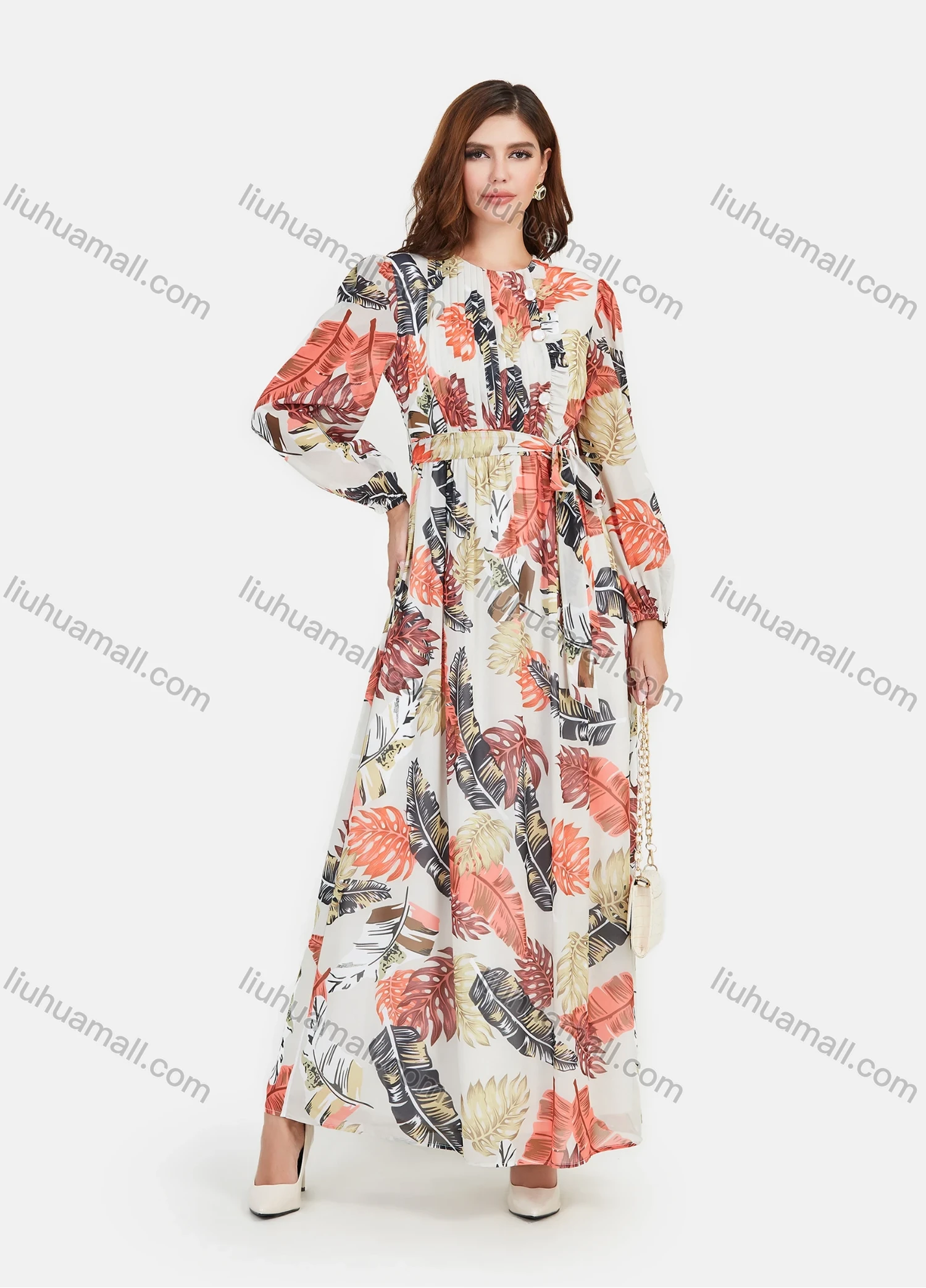 Wholesale Women's Chiffon Long Sleeve Fold Pleat Plants & Floral Maxi Dress With Belt - Liuhuamall