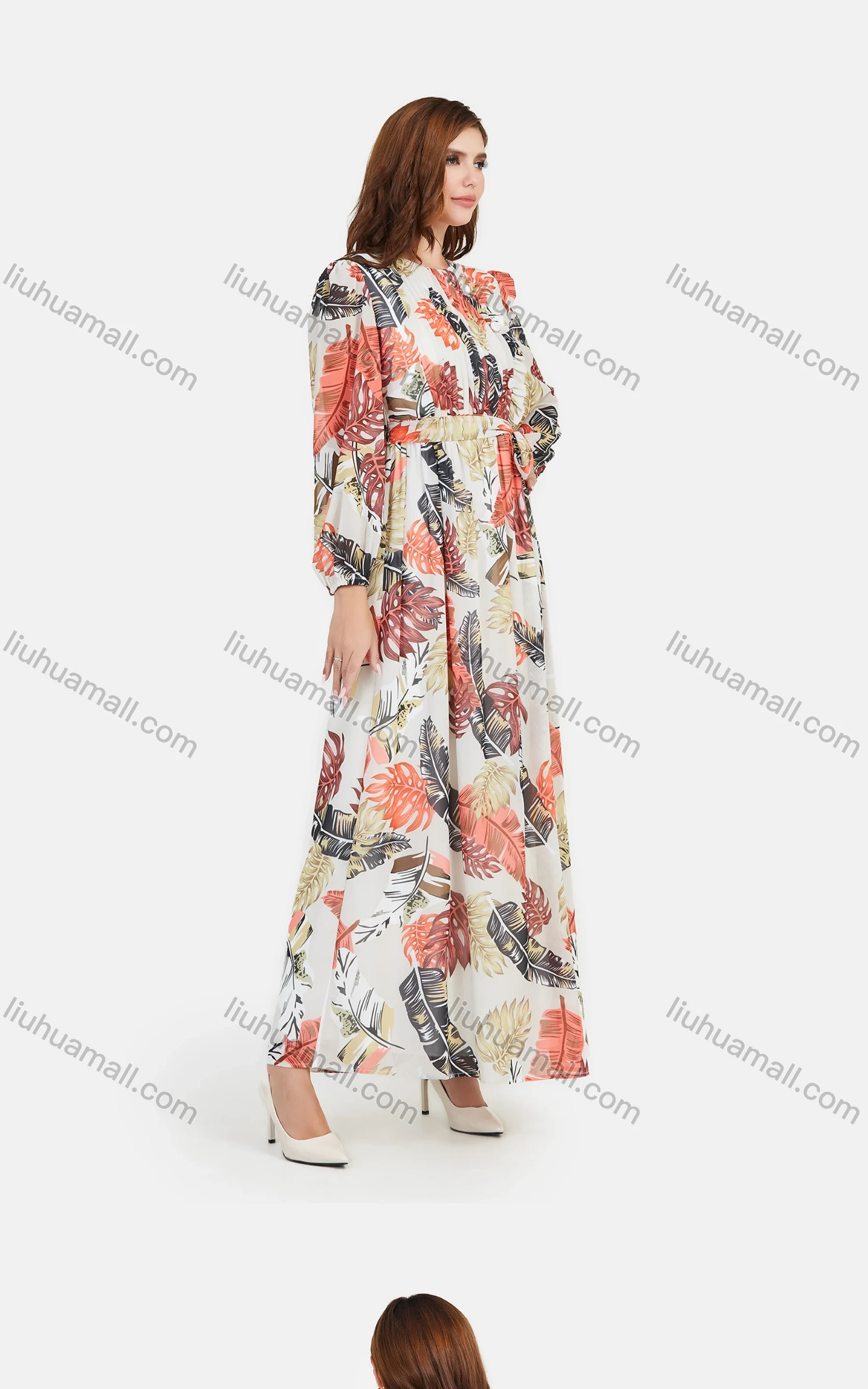 Wholesale Women's Chiffon Long Sleeve Fold Pleat Plants & Floral Maxi Dress With Belt - Liuhuamall