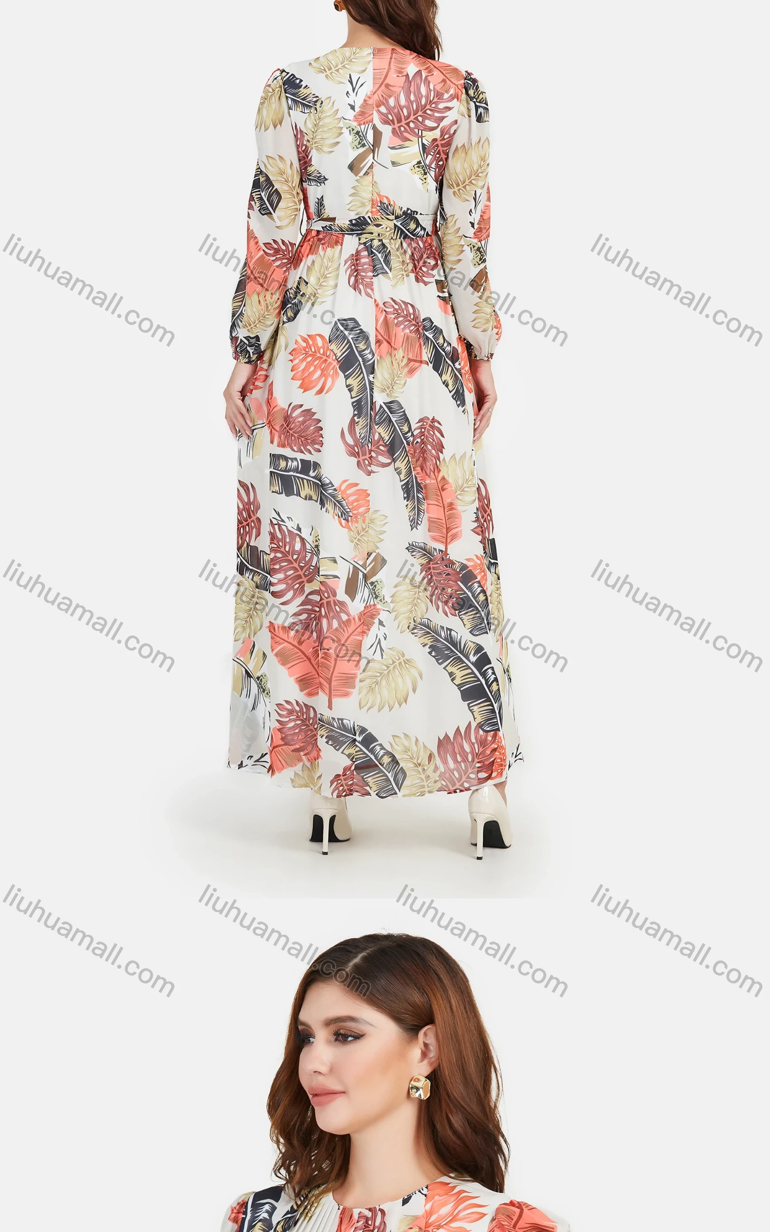 Wholesale Women's Chiffon Long Sleeve Fold Pleat Plants & Floral Maxi Dress With Belt - Liuhuamall