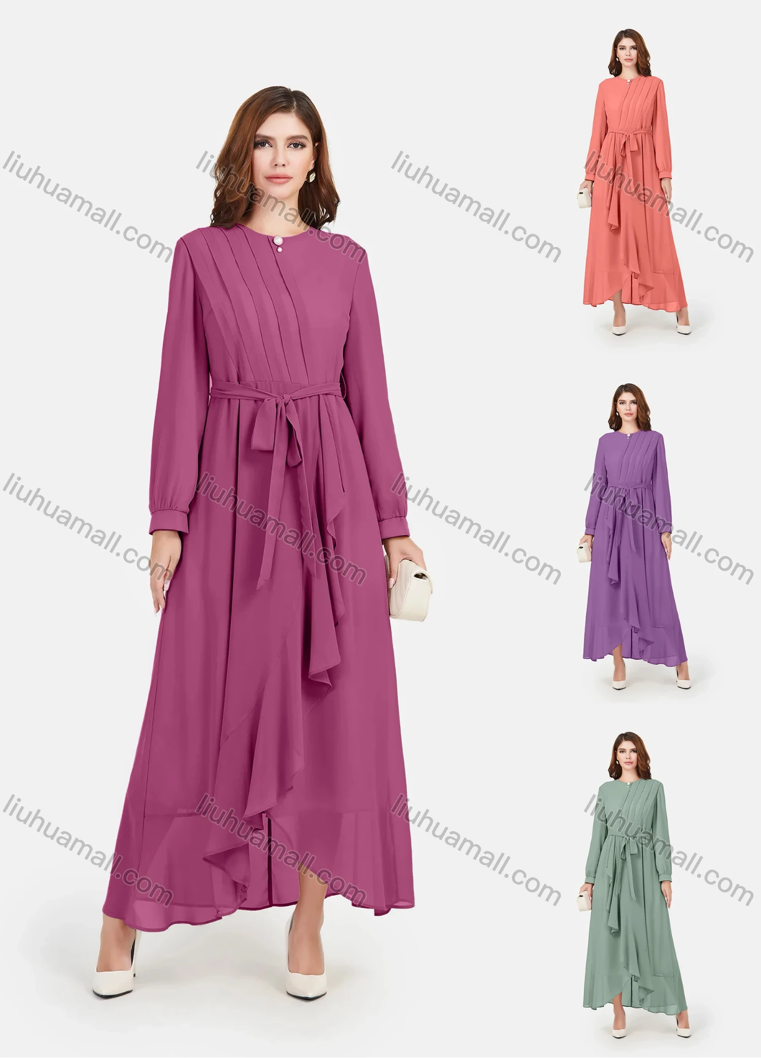 Wholesale Women's Chiffon Plain Long Sleeve Ruffle Wrap Hem Maxi Dress With Belt - Liuhuamall