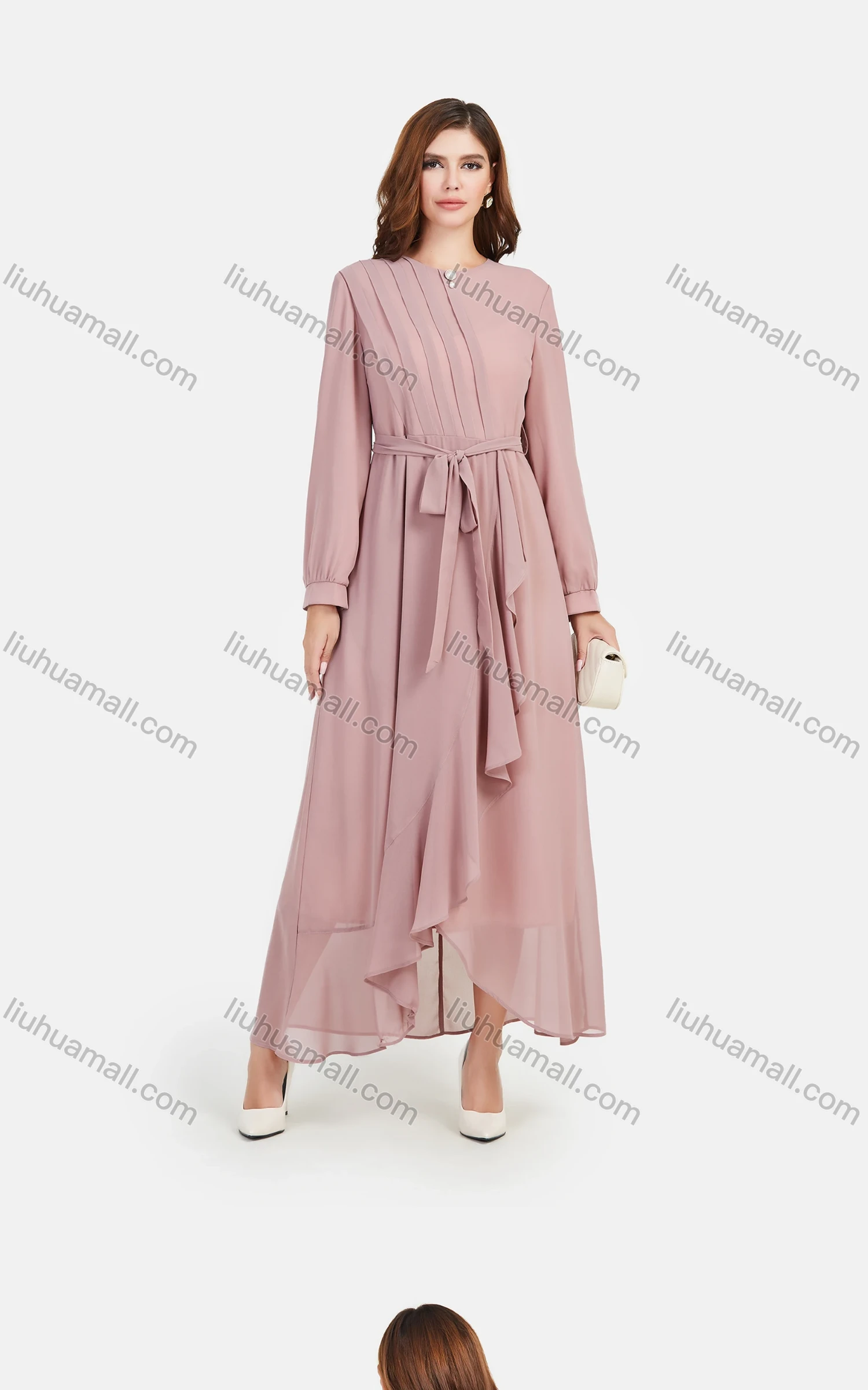 Wholesale Women's Chiffon Plain Long Sleeve Ruffle Wrap Hem Maxi Dress With Belt - Liuhuamall