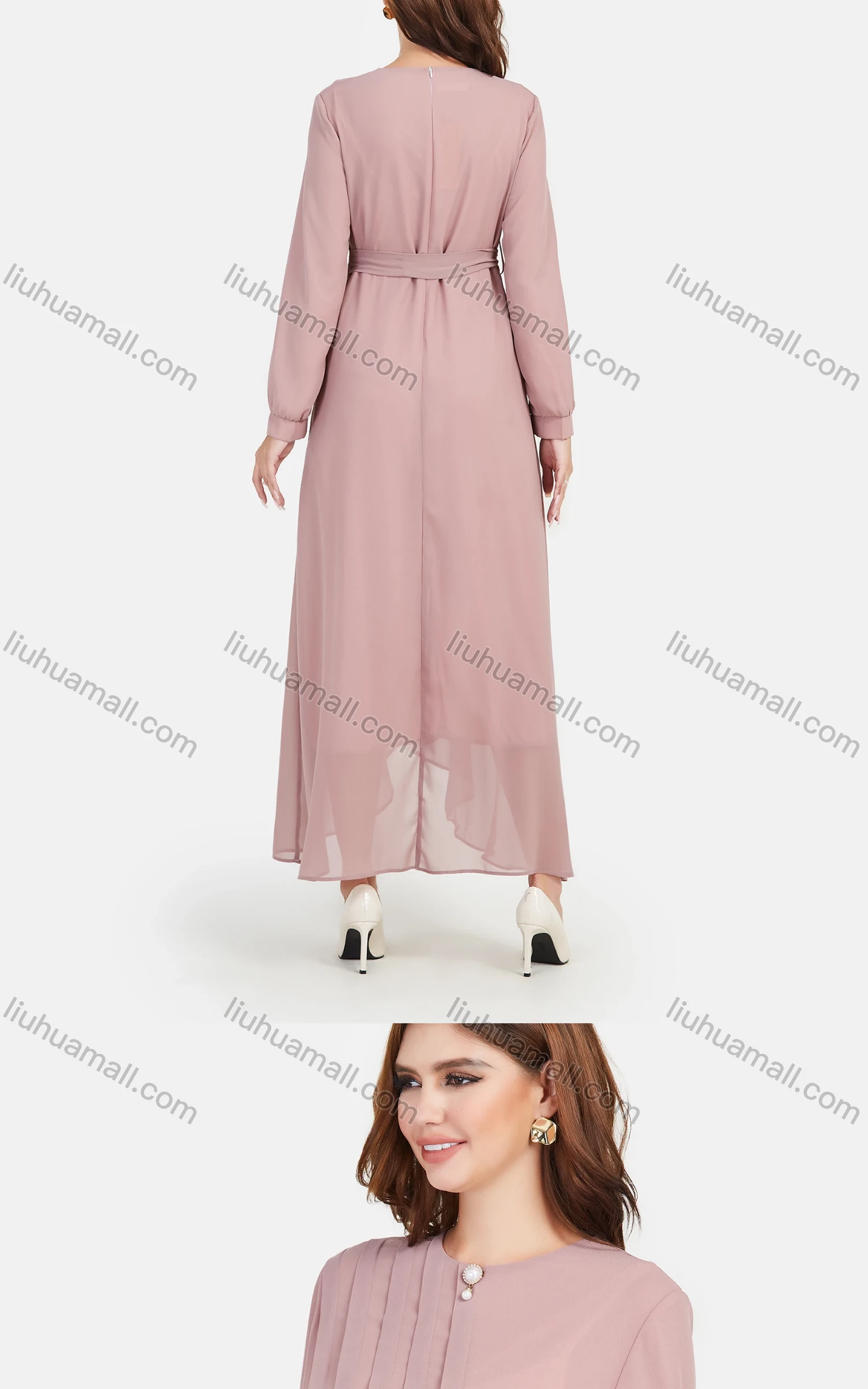 Wholesale Women's Chiffon Plain Long Sleeve Ruffle Wrap Hem Maxi Dress With Belt - Liuhuamall