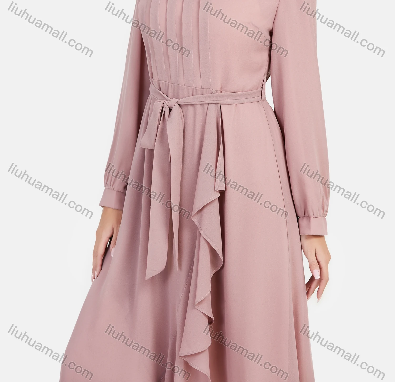 Wholesale Women's Chiffon Plain Long Sleeve Ruffle Wrap Hem Maxi Dress With Belt - Liuhuamall