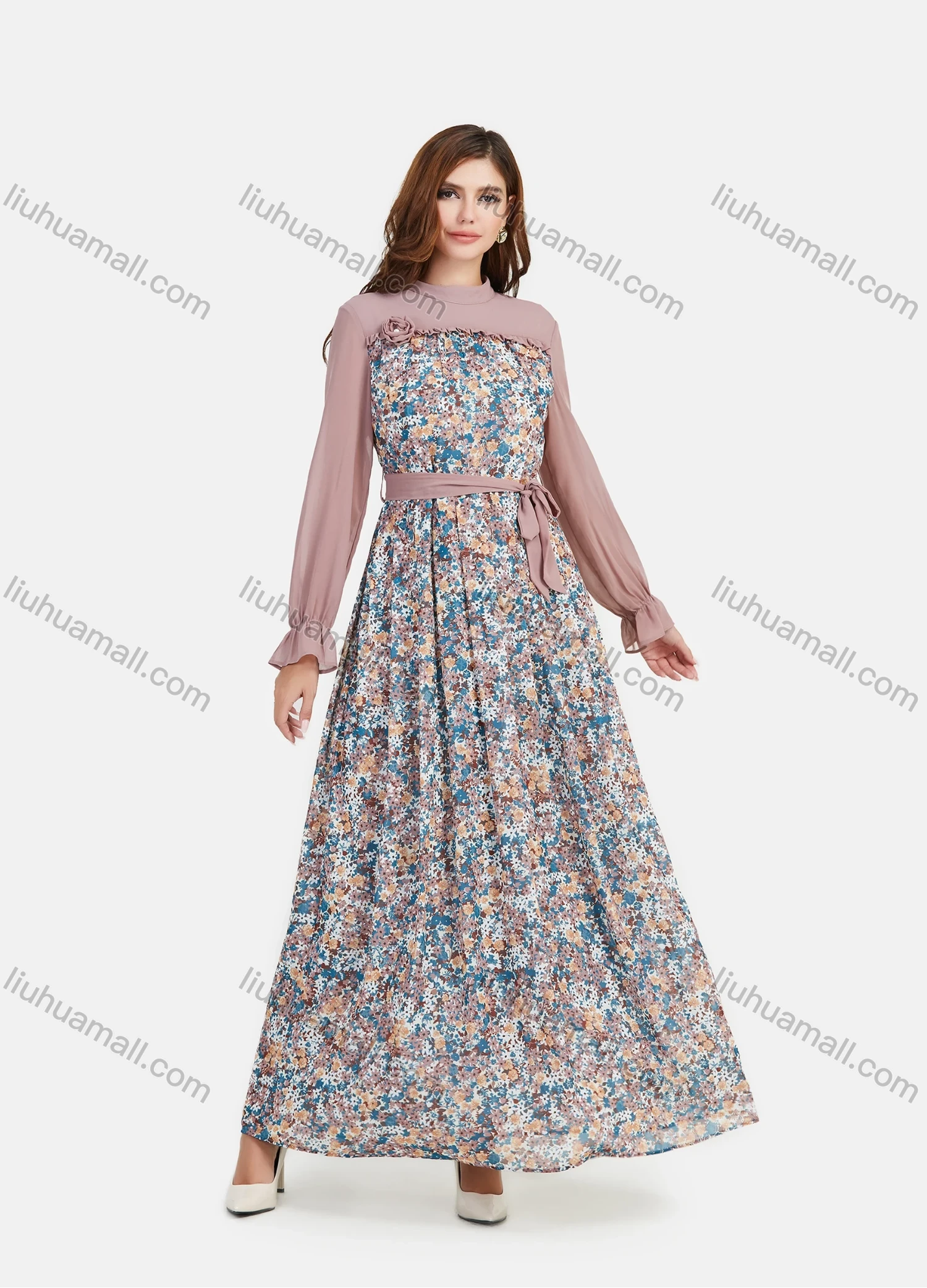 Wholesale Women's Chiffon Mock Neck Bishop Sleeve Floral Print Splicing Maxi Dress With Belt - Liuhuamall