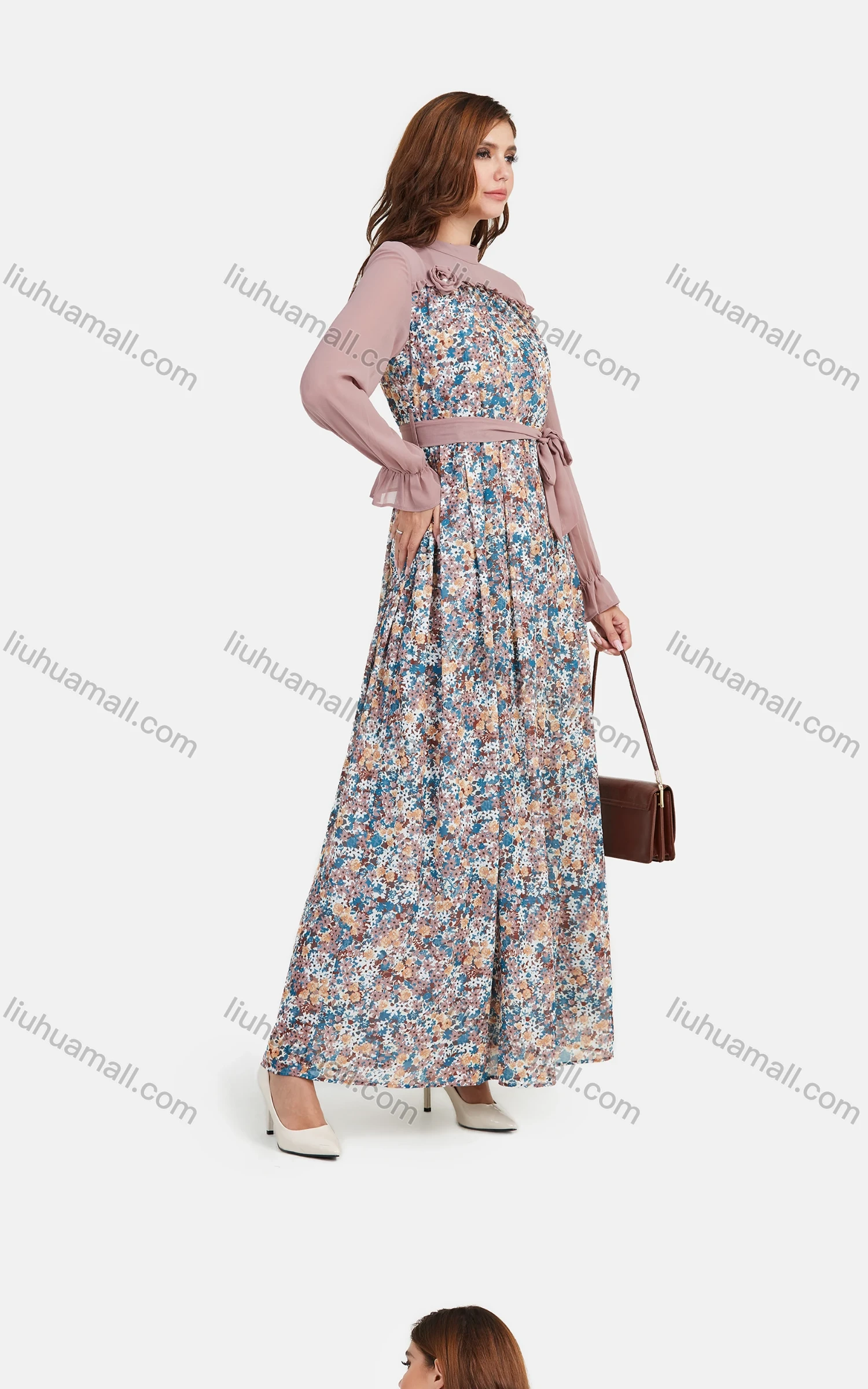 Wholesale Women's Chiffon Mock Neck Bishop Sleeve Floral Print Splicing Maxi Dress With Belt - Liuhuamall