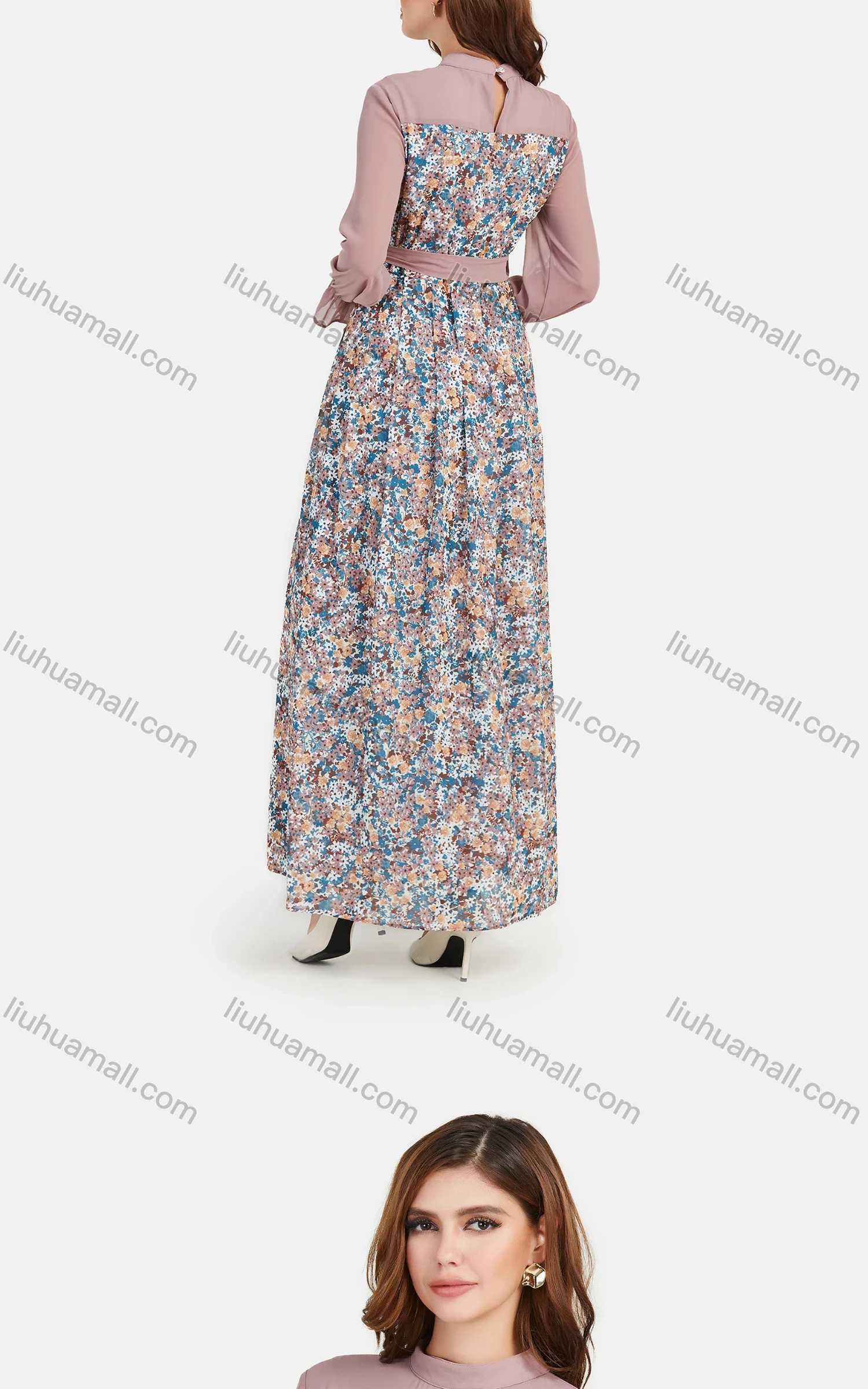 Wholesale Women's Chiffon Mock Neck Bishop Sleeve Floral Print Splicing Maxi Dress With Belt - Liuhuamall