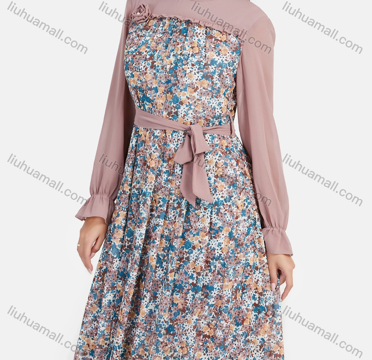 Wholesale Women's Chiffon Mock Neck Bishop Sleeve Floral Print Splicing Maxi Dress With Belt - Liuhuamall