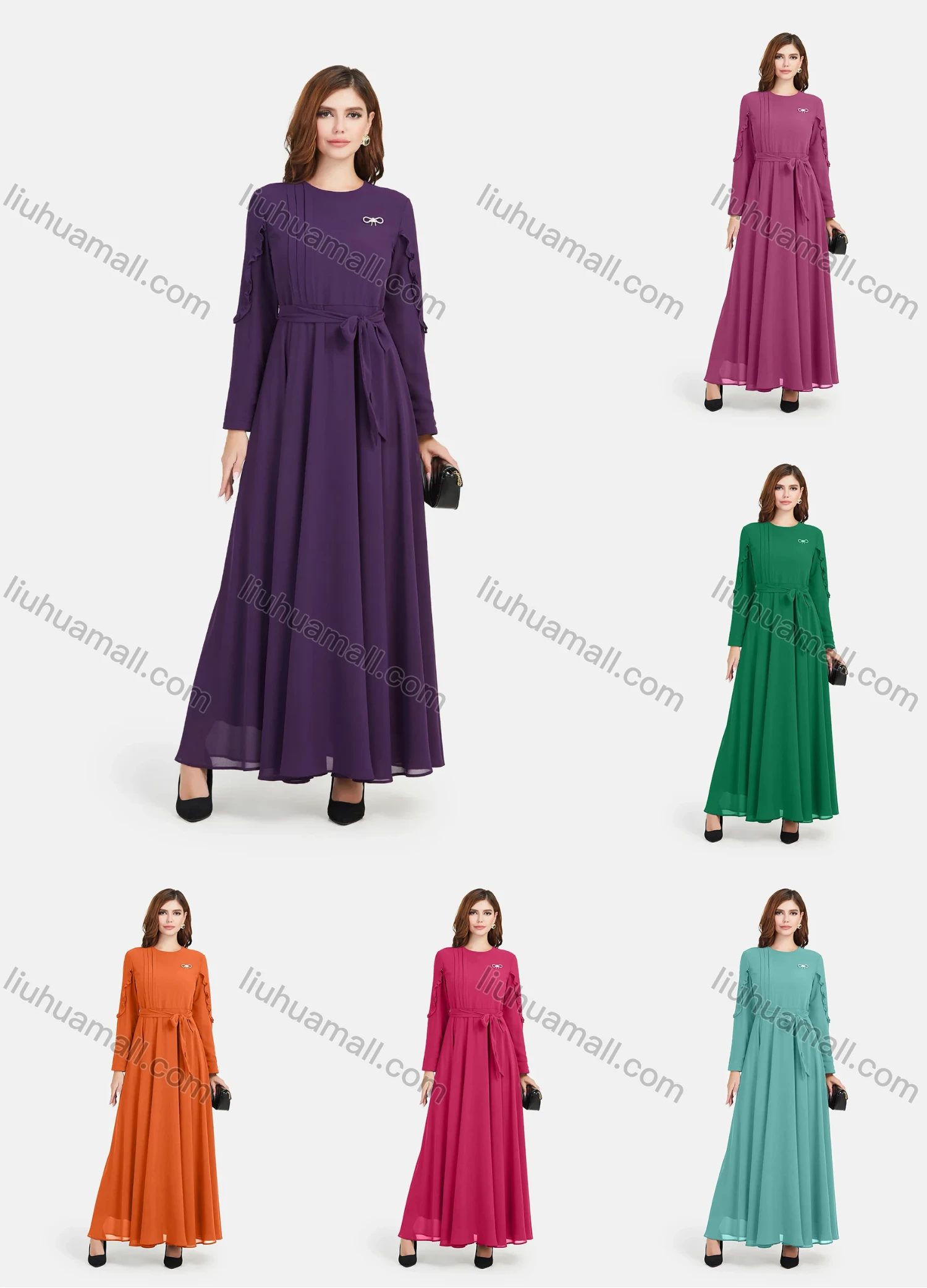 Wholesale Women's Chiffon Plain Decor Sleeve Bowknot Decor Maxi Dress With Belt - Liuhuamall