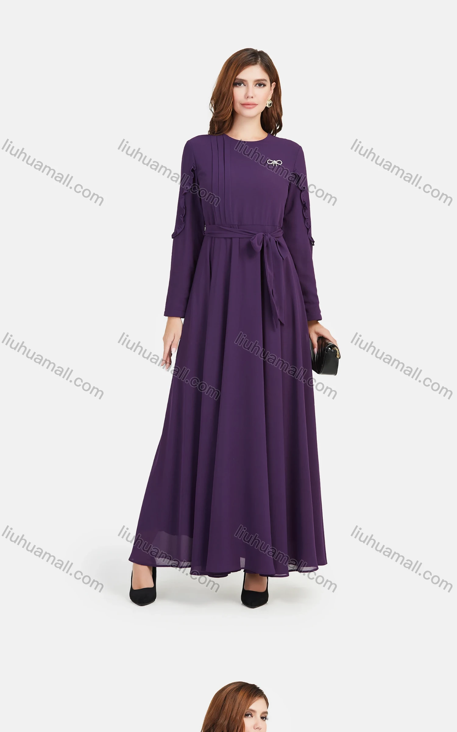 Wholesale Women's Chiffon Plain Decor Sleeve Bowknot Decor Maxi Dress With Belt - Liuhuamall