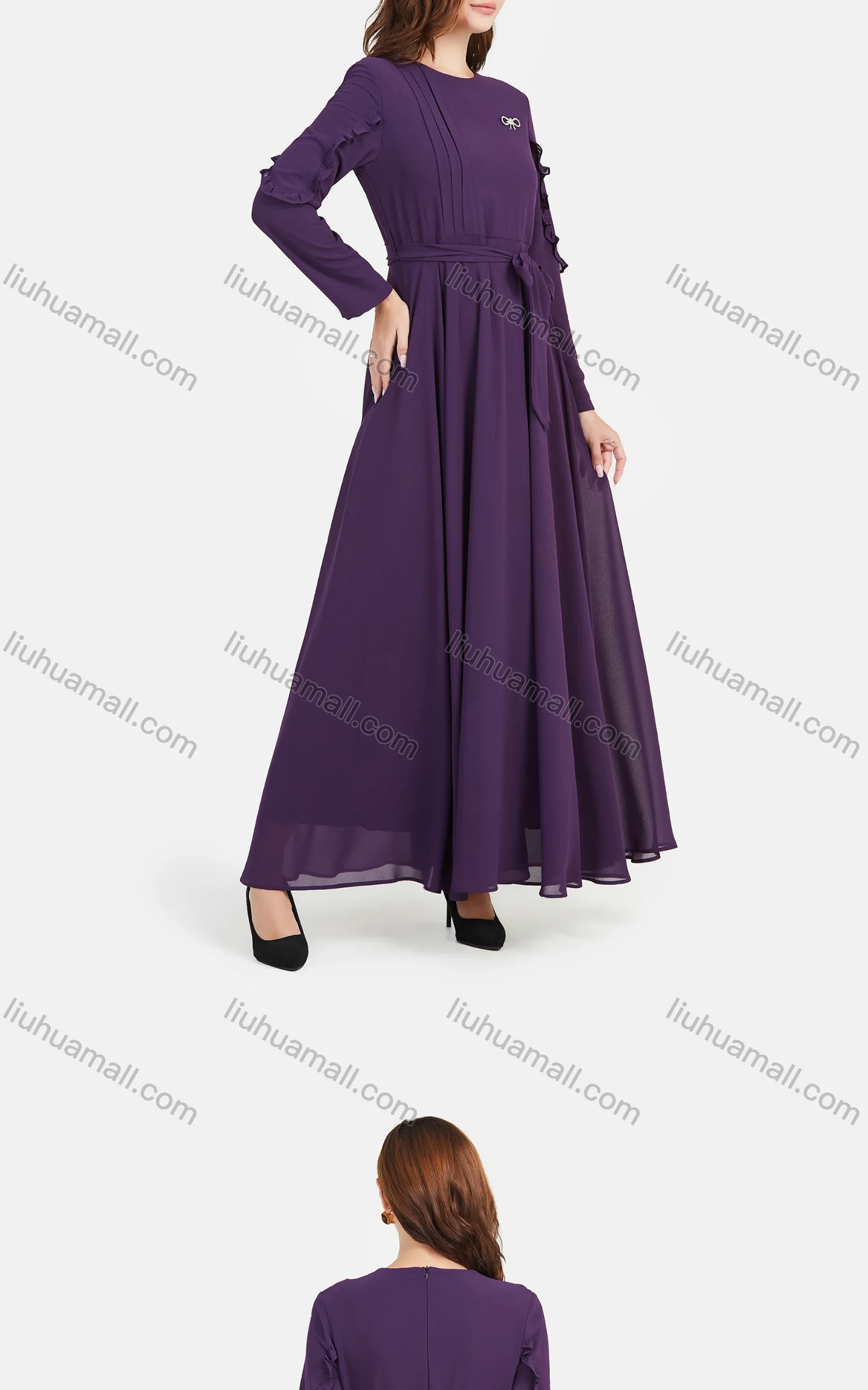 Wholesale Women's Chiffon Plain Decor Sleeve Bowknot Decor Maxi Dress With Belt - Liuhuamall