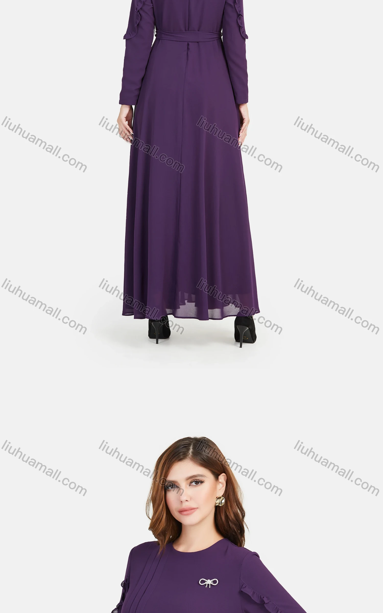 Wholesale Women's Chiffon Plain Decor Sleeve Bowknot Decor Maxi Dress With Belt - Liuhuamall