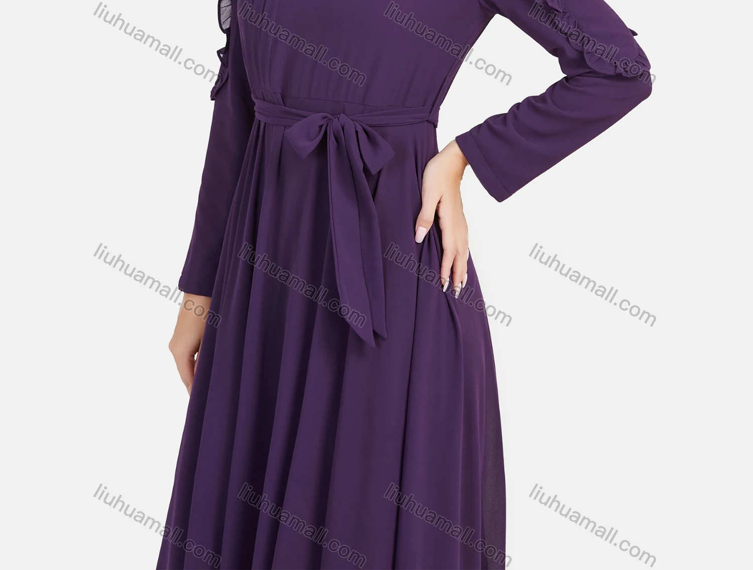 Wholesale Women's Chiffon Plain Decor Sleeve Bowknot Decor Maxi Dress With Belt - Liuhuamall