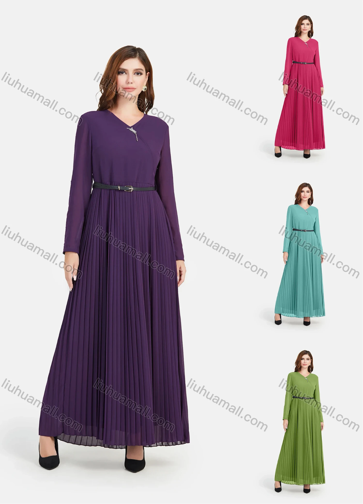 Wholesale Women's Chiffon Plain V Neck Long Sleeve Pleated Dress With Belt - Liuhuamall