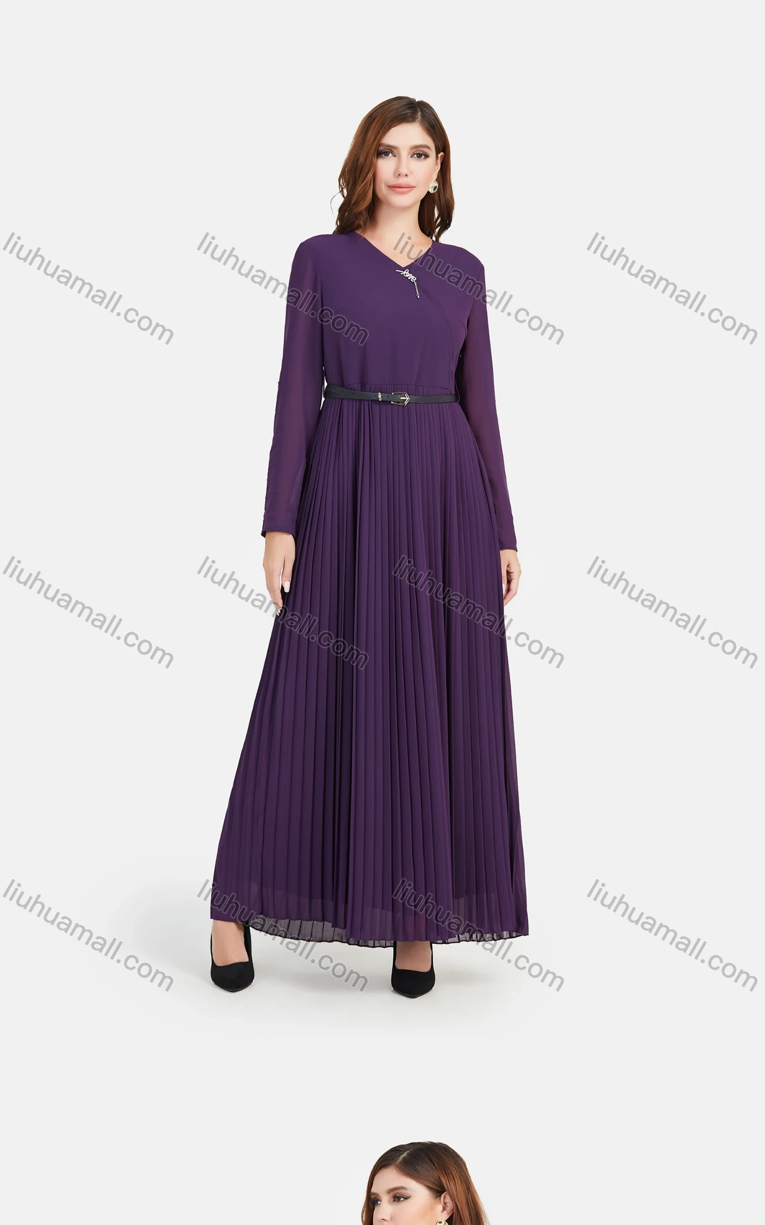 Wholesale Women's Chiffon Plain V Neck Long Sleeve Pleated Dress With Belt - Liuhuamall