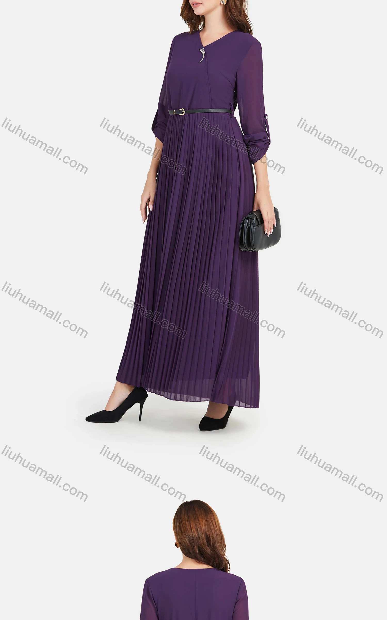 Wholesale Women's Chiffon Plain V Neck Long Sleeve Pleated Dress With Belt - Liuhuamall