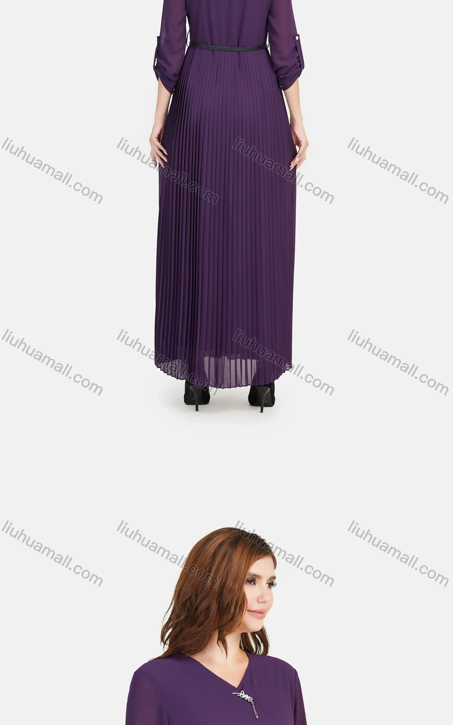 Wholesale Women's Chiffon Plain V Neck Long Sleeve Pleated Dress With Belt - Liuhuamall