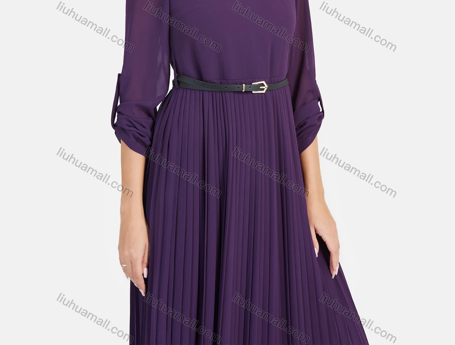 Wholesale Women's Chiffon Plain V Neck Long Sleeve Pleated Dress With Belt - Liuhuamall