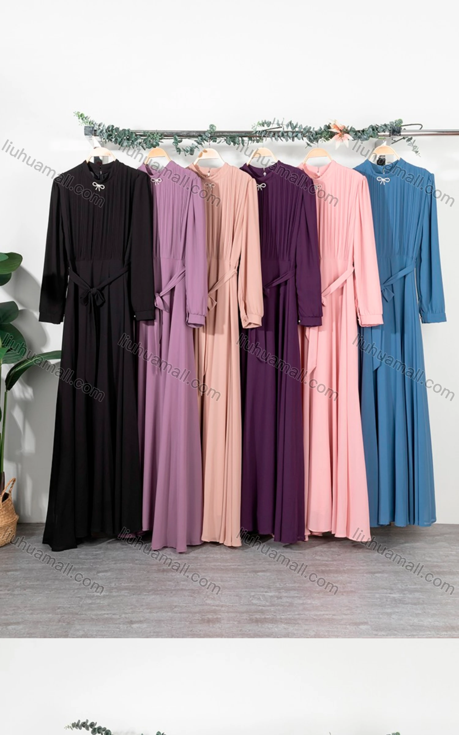 Wholesale Women's Chiffon Plain Long Sleeve Mock Neck Ruched Maxi Dress With Belt 0708# - Liuhuamall