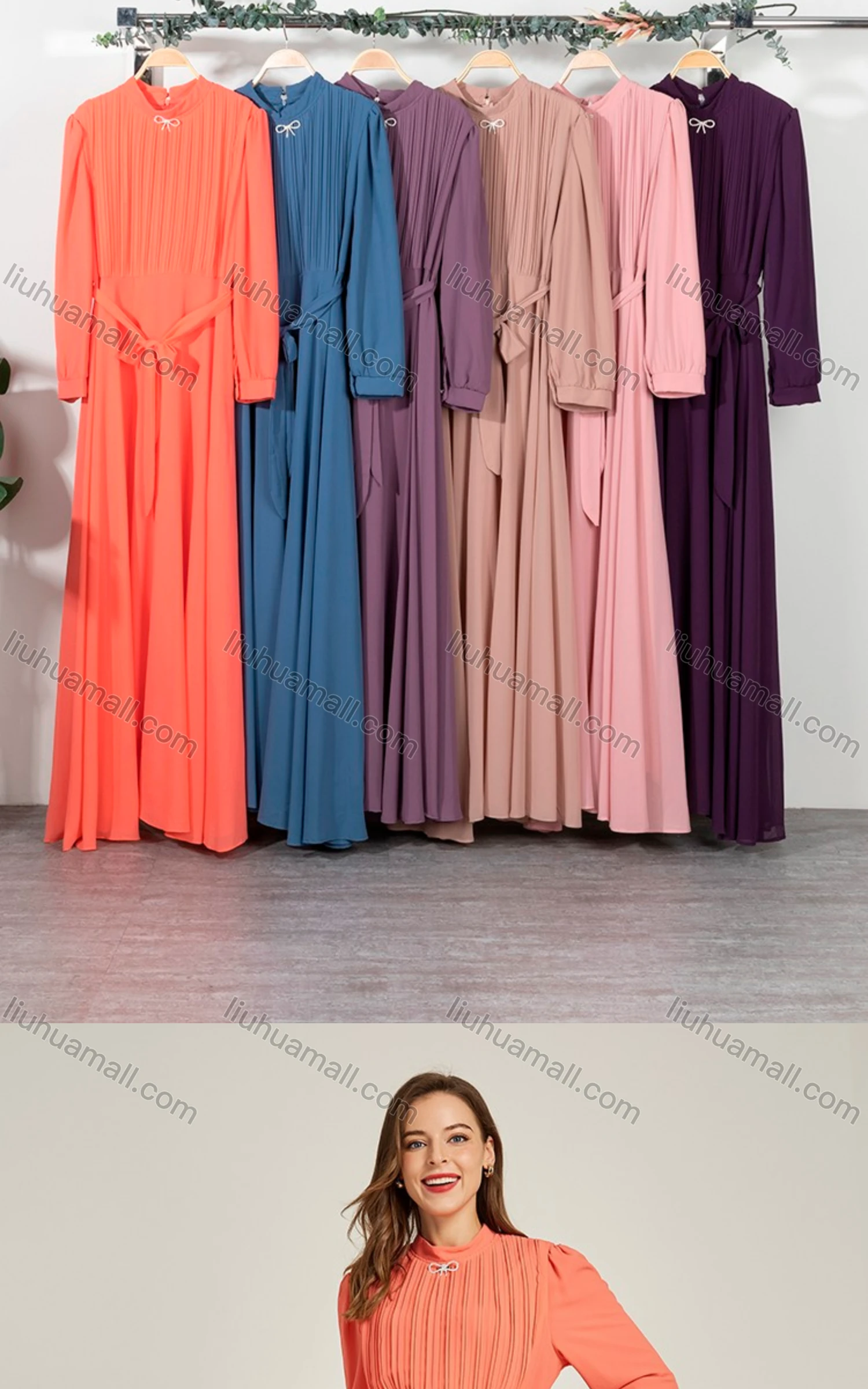 Wholesale Women's Chiffon Plain Long Sleeve Mock Neck Ruched Maxi Dress With Belt 0708# - Liuhuamall