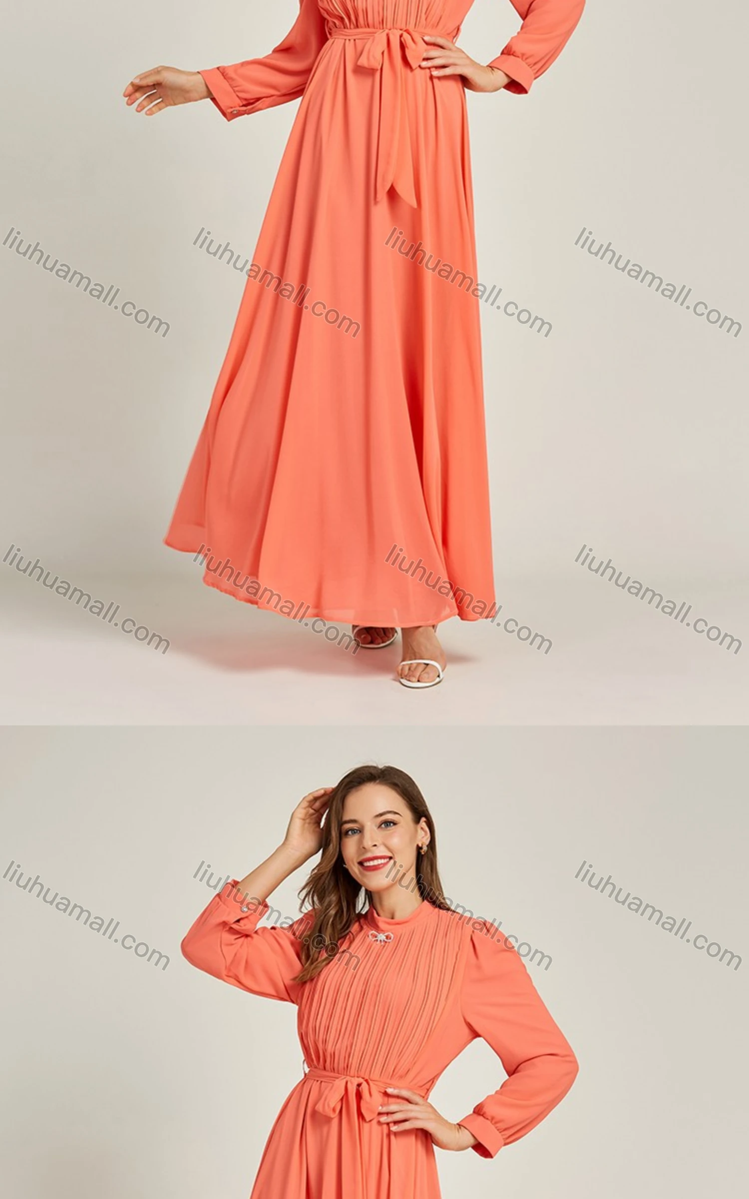 Wholesale Women's Chiffon Plain Long Sleeve Mock Neck Ruched Maxi Dress With Belt 0708# - Liuhuamall
