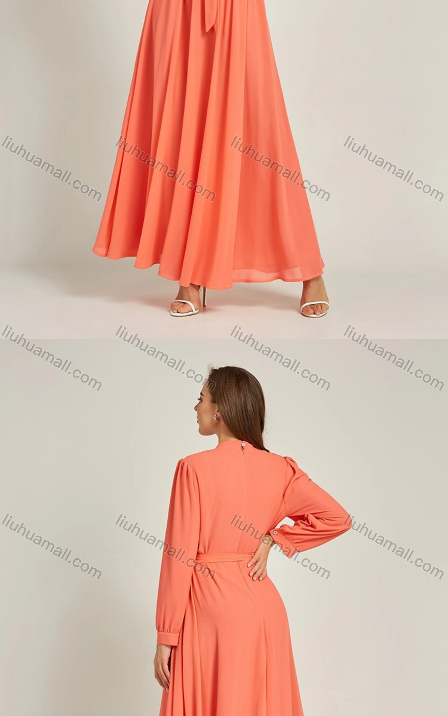 Wholesale Women's Chiffon Plain Long Sleeve Mock Neck Ruched Maxi Dress With Belt 0708# - Liuhuamall