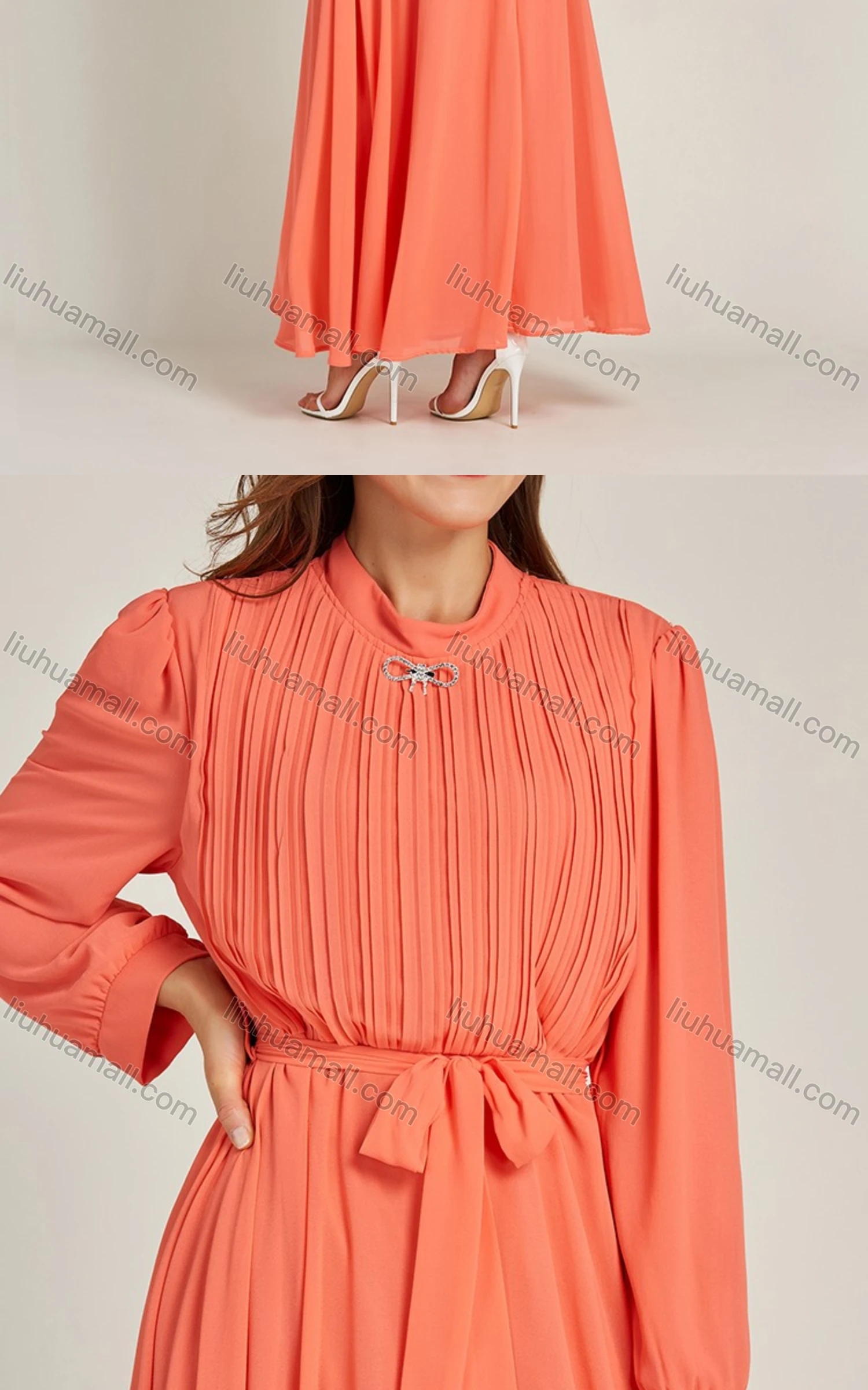 Wholesale Women's Chiffon Plain Long Sleeve Mock Neck Ruched Maxi Dress With Belt 0708# - Liuhuamall