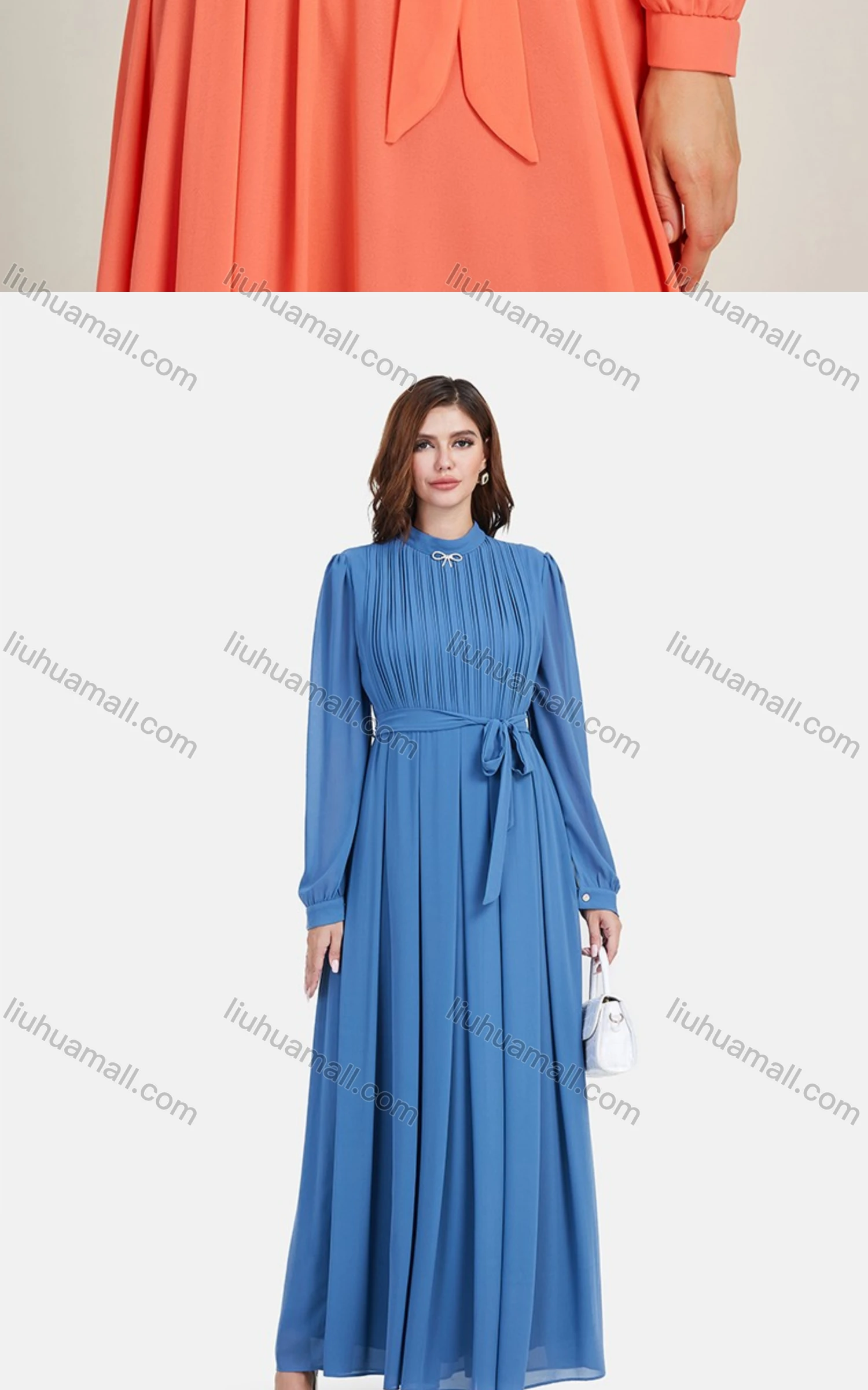 Wholesale Women's Chiffon Plain Long Sleeve Mock Neck Ruched Maxi Dress With Belt 0708# - Liuhuamall