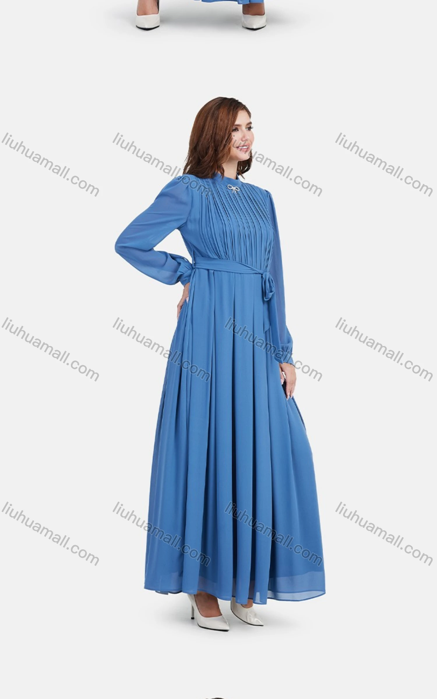 Wholesale Women's Chiffon Plain Long Sleeve Mock Neck Ruched Maxi Dress With Belt 0708# - Liuhuamall