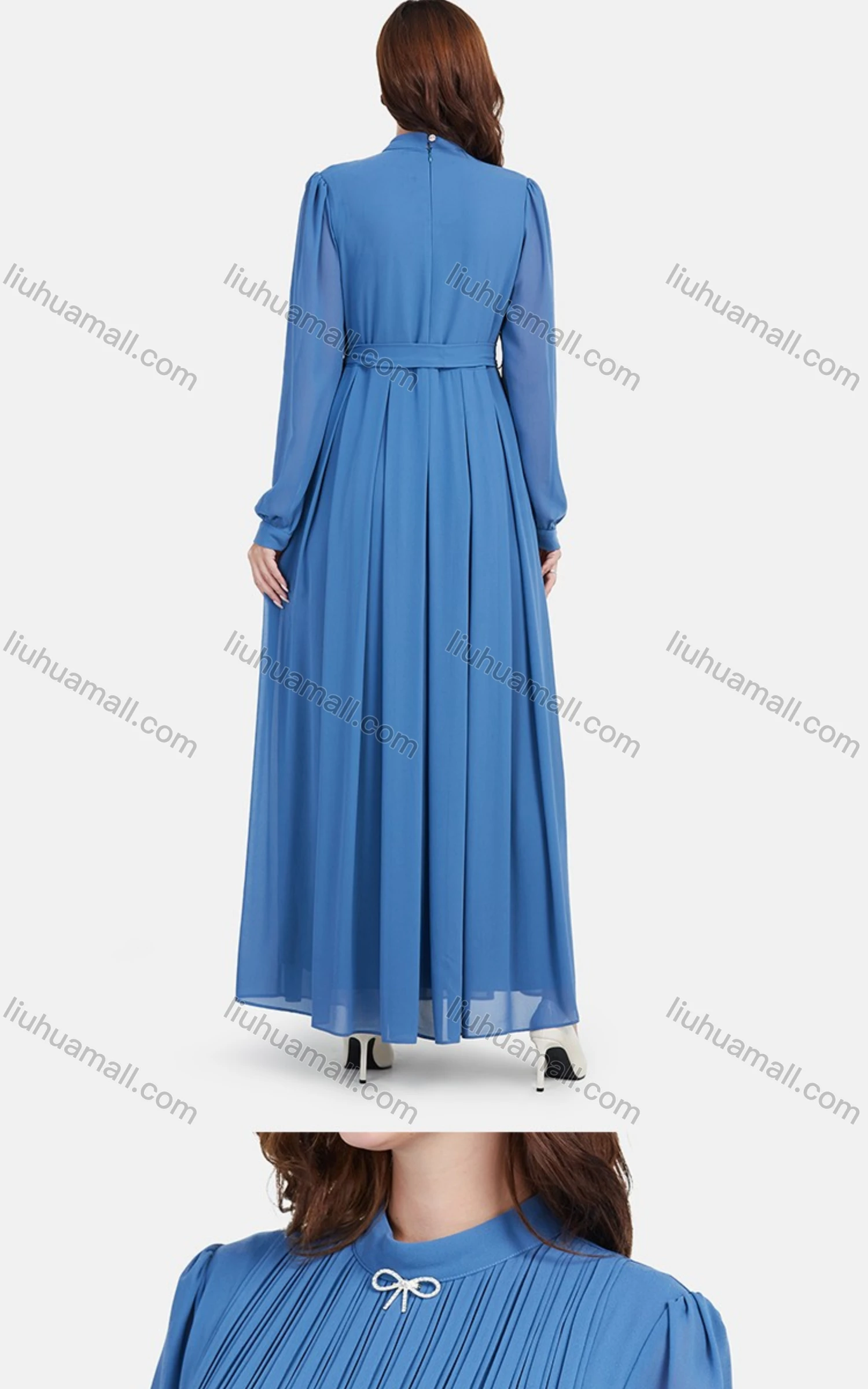 Wholesale Women's Chiffon Plain Long Sleeve Mock Neck Ruched Maxi Dress With Belt 0708# - Liuhuamall