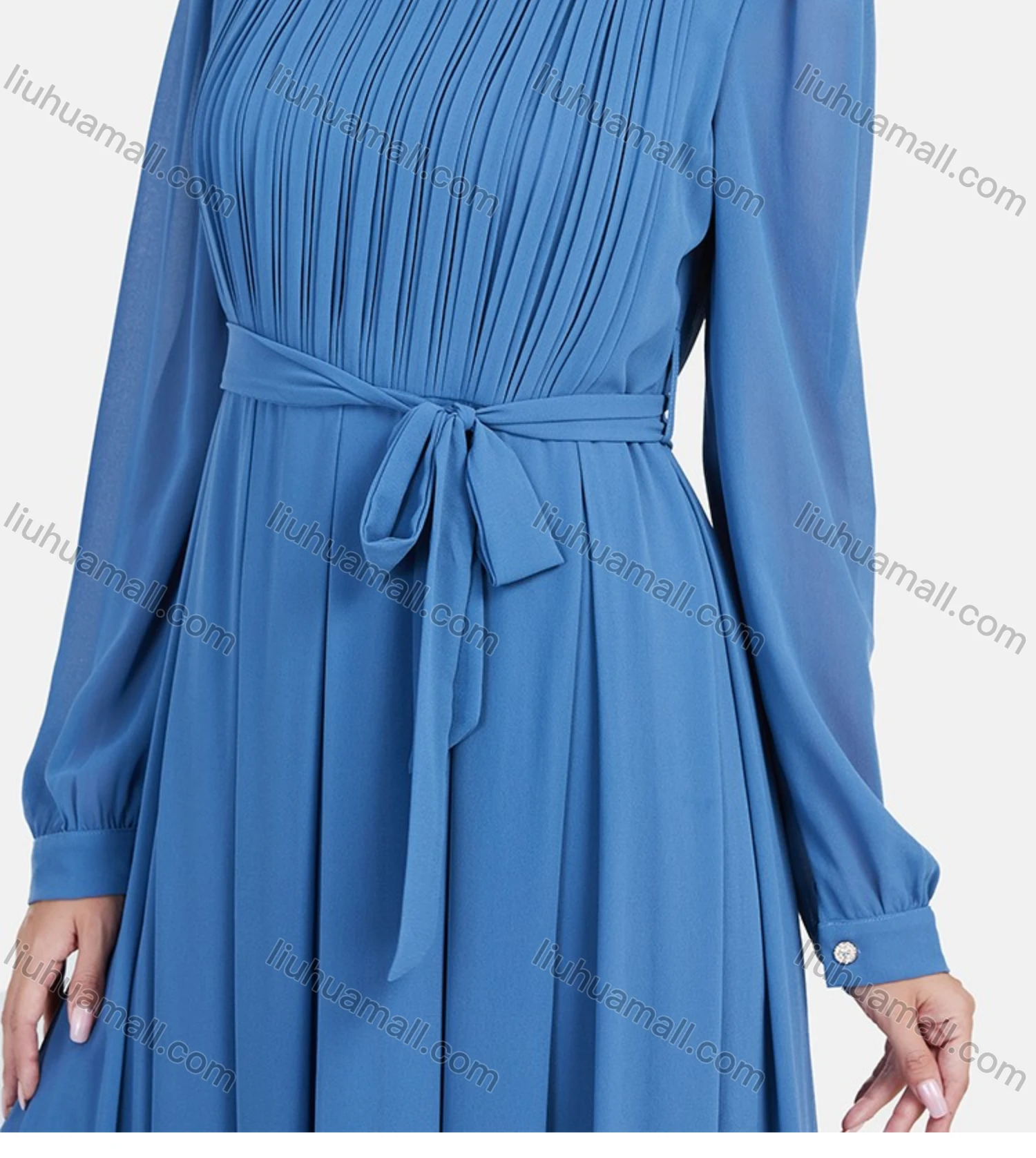 Wholesale Women's Chiffon Plain Long Sleeve Mock Neck Ruched Maxi Dress With Belt 0708# - Liuhuamall