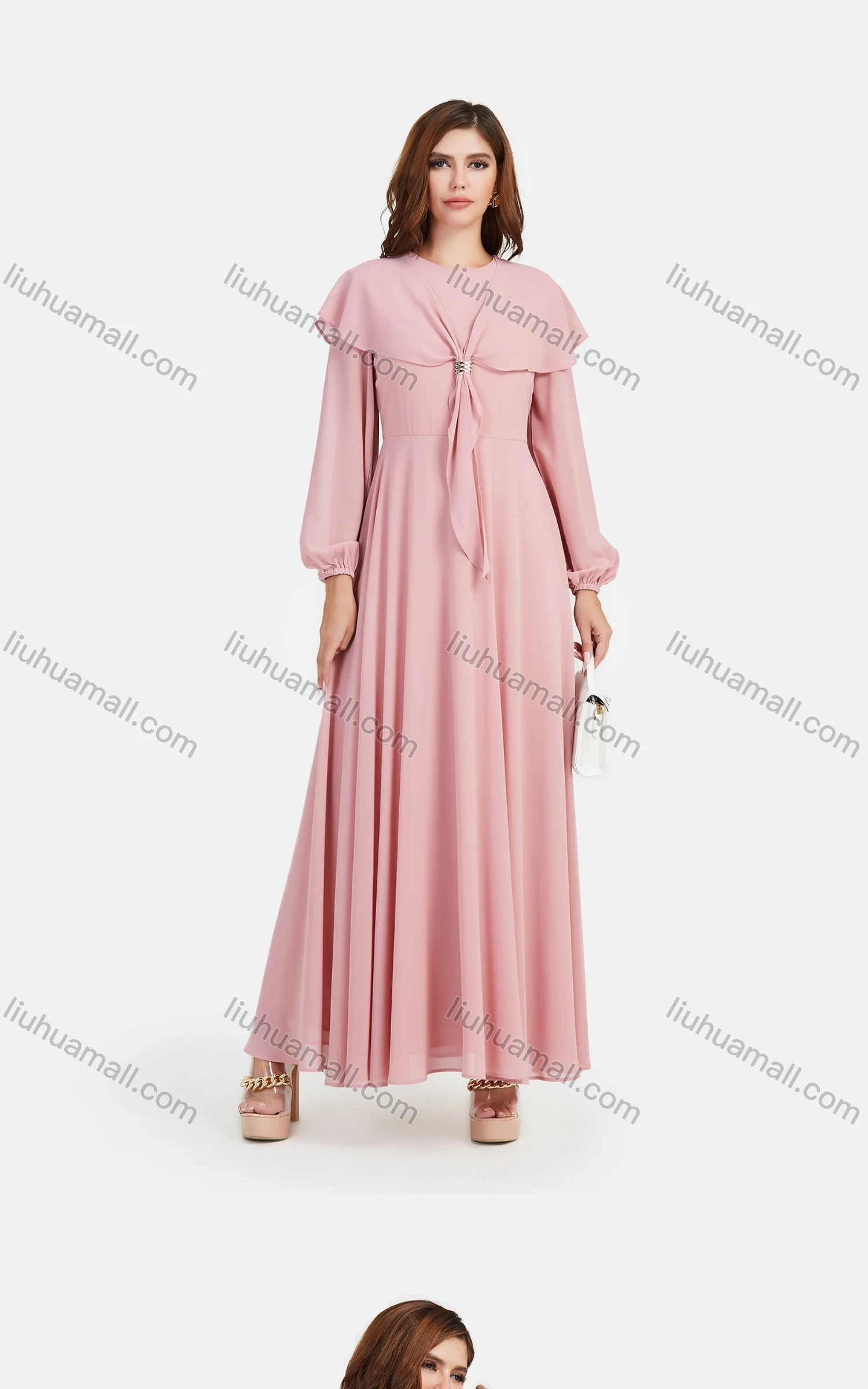 Wholesale Women's Chiffon Plain Long Sleeve Round Neck High Waist Maxi Dress With Cape - Liuhuamall