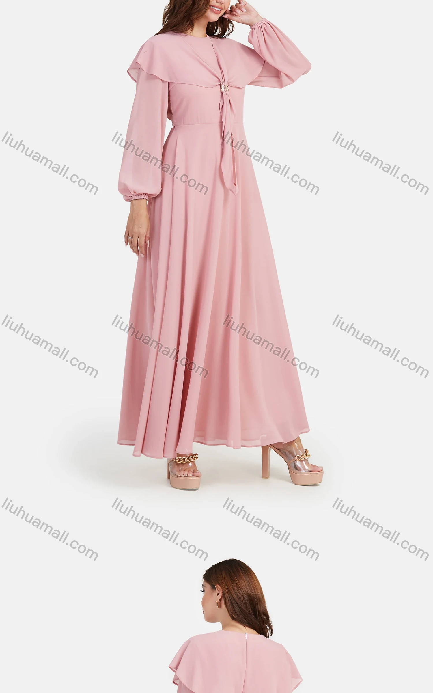 Wholesale Women's Chiffon Plain Long Sleeve Round Neck High Waist Maxi Dress With Cape - Liuhuamall