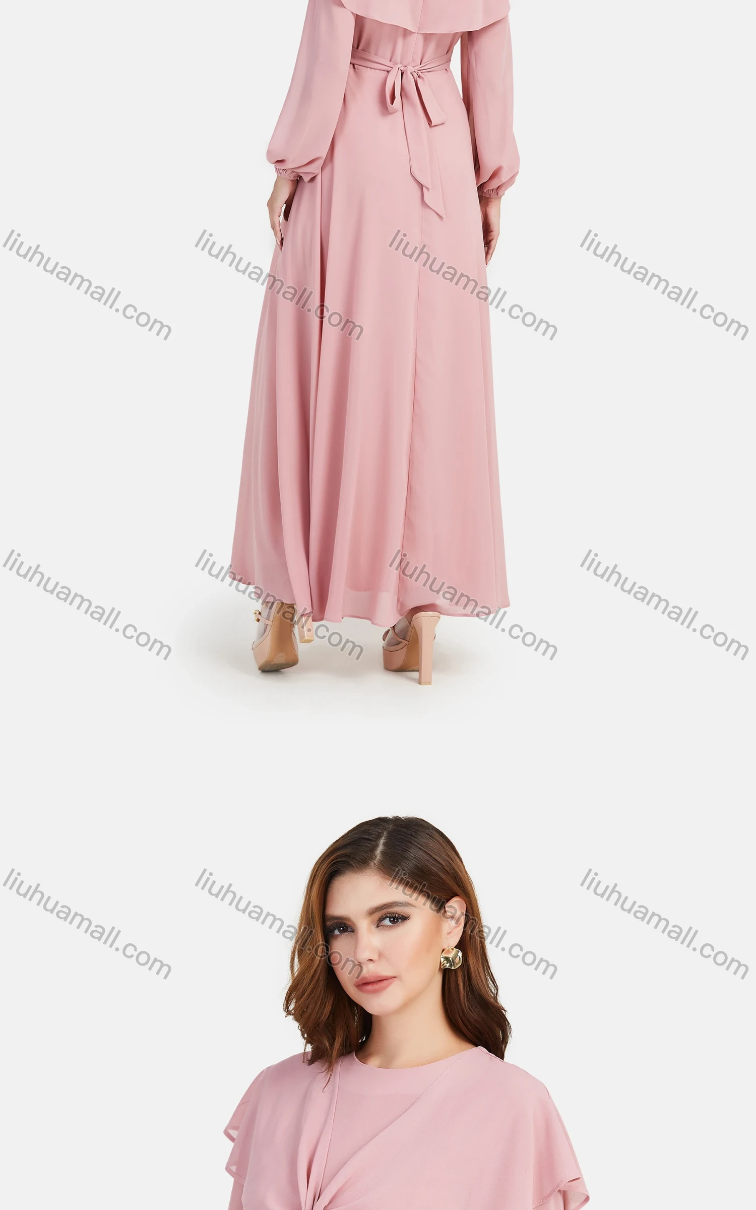 Wholesale Women's Chiffon Plain Long Sleeve Round Neck High Waist Maxi Dress With Cape - Liuhuamall
