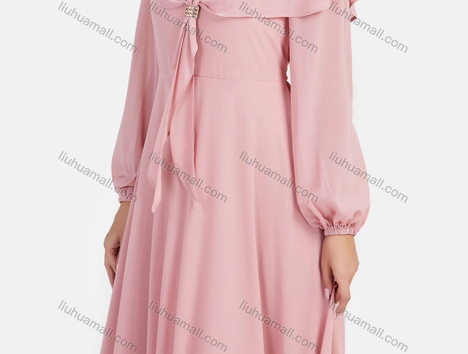 Wholesale Women's Chiffon Plain Long Sleeve Round Neck High Waist Maxi Dress With Cape - Liuhuamall