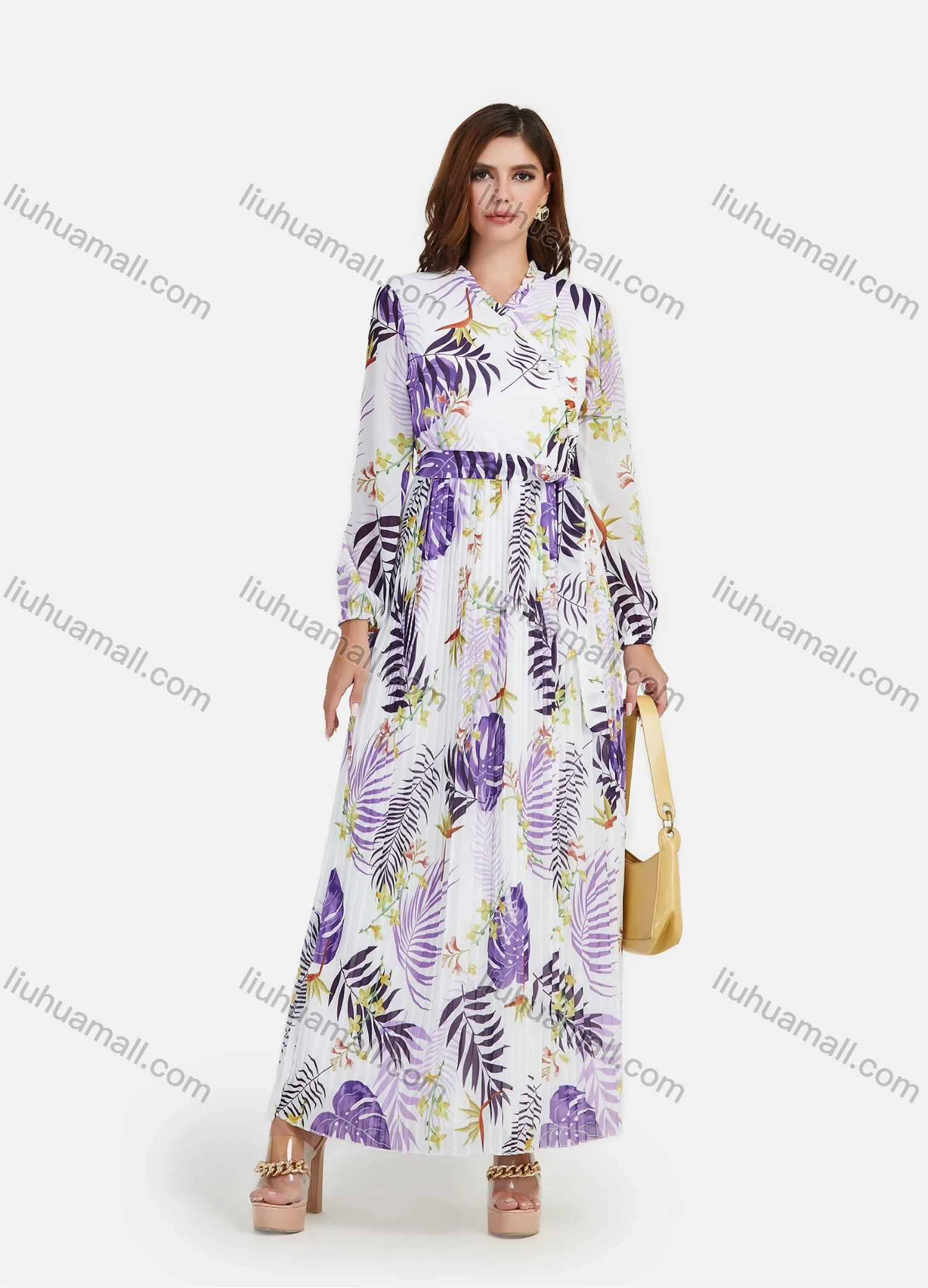 Wholesale Women's Chiffon Button Front Long Sleeve Plant & Floral Print Pleated Maxi Dress With Belt - Liuhuamall