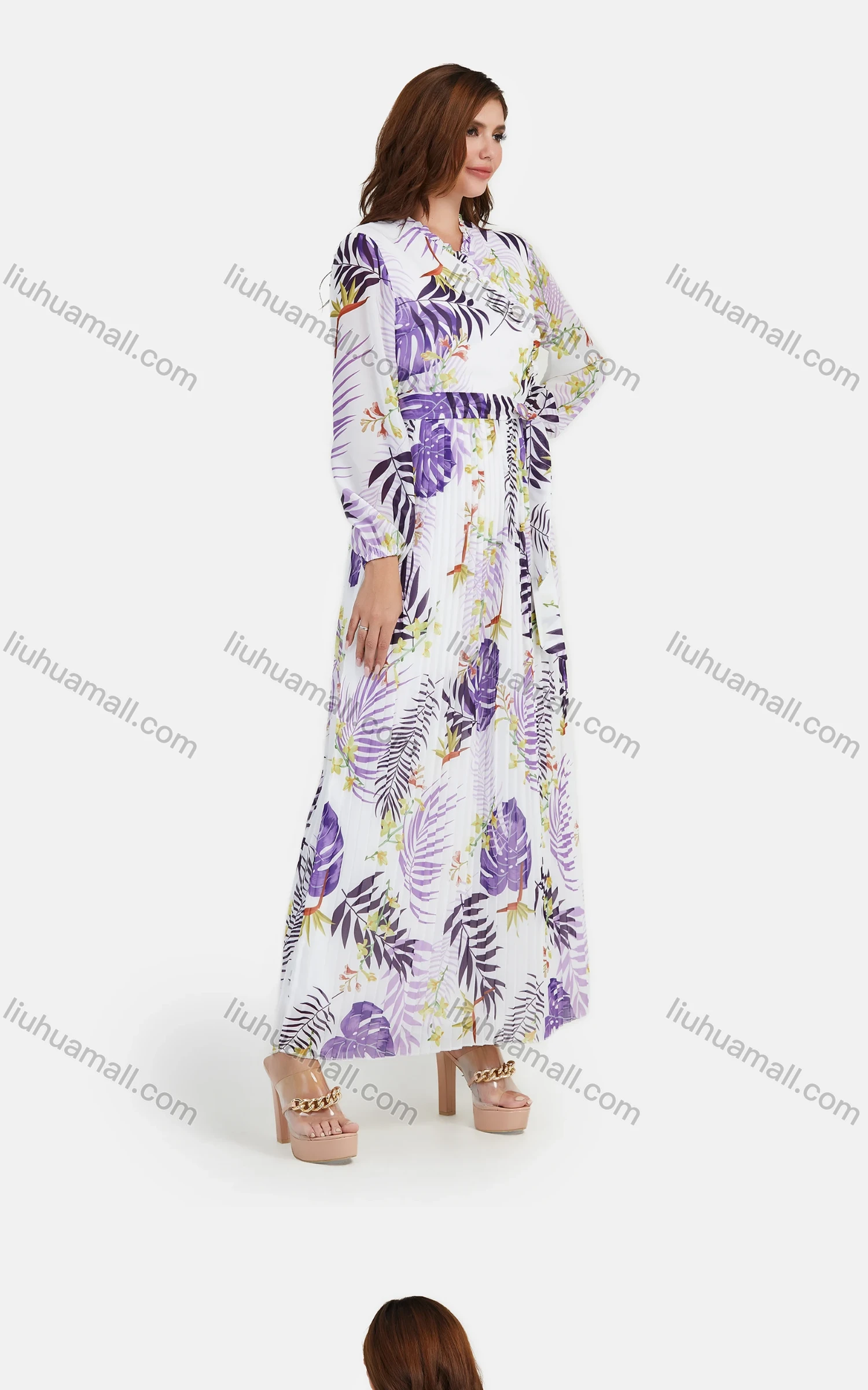 Wholesale Women's Chiffon Button Front Long Sleeve Plant & Floral Print Pleated Maxi Dress With Belt - Liuhuamall