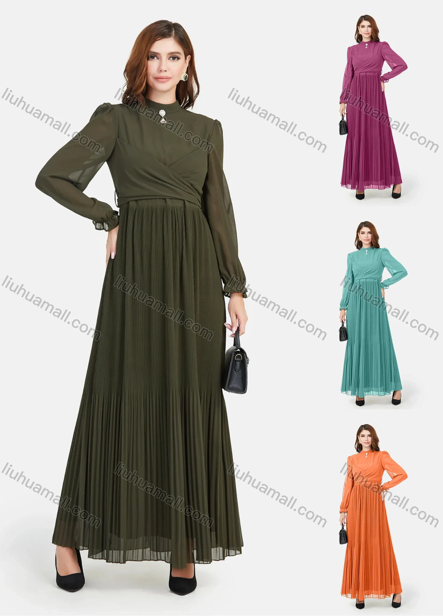 Wholesale Women's Chiffon Plain Mock Neck Long Sleeve Pleated Zip Back Maxi Dress - Liuhuamall