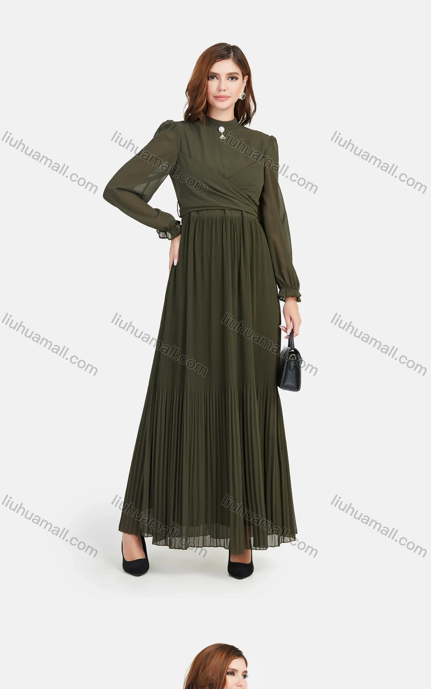 Wholesale Women's Chiffon Plain Mock Neck Long Sleeve Pleated Zip Back Maxi Dress - Liuhuamall